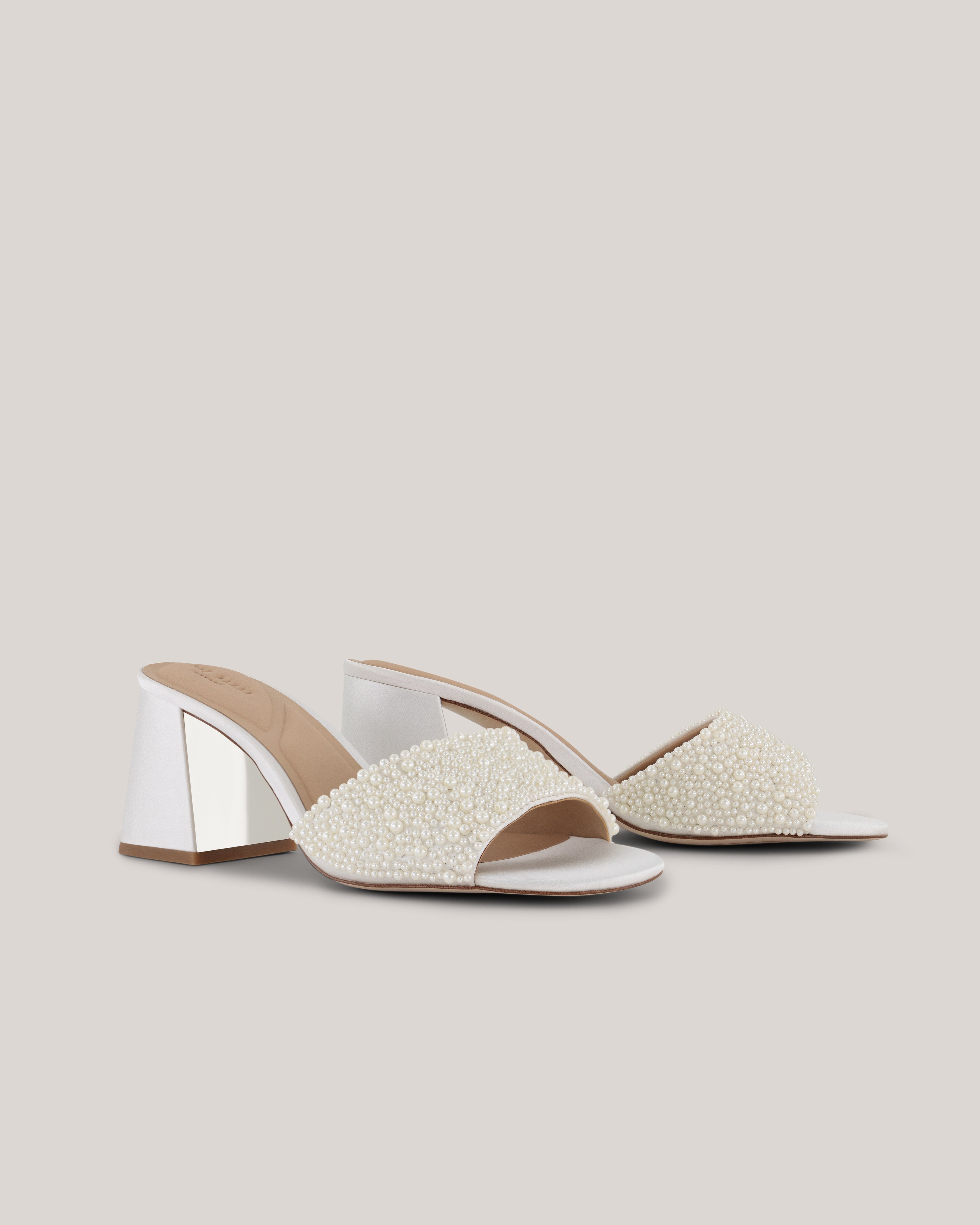 Chlloee Mid Block Heel Pearl Sandal White