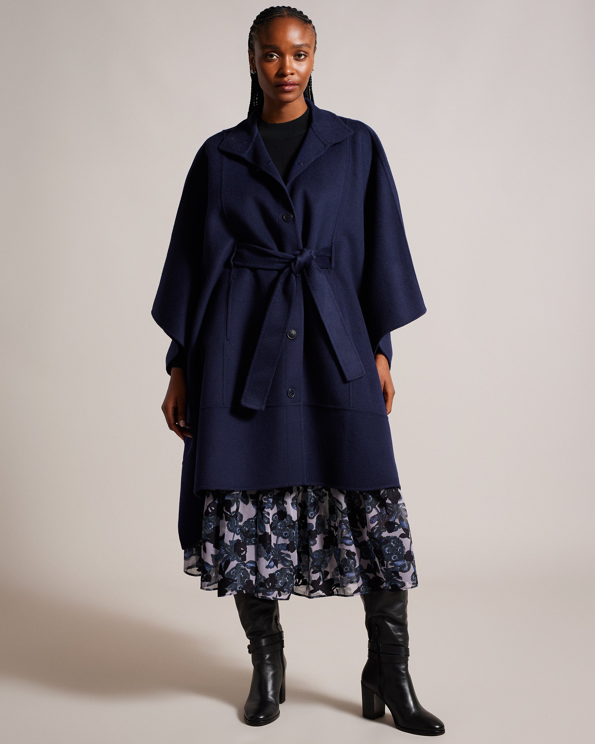 Lilymae Midi Belted Blanket Coat Dk-Blue