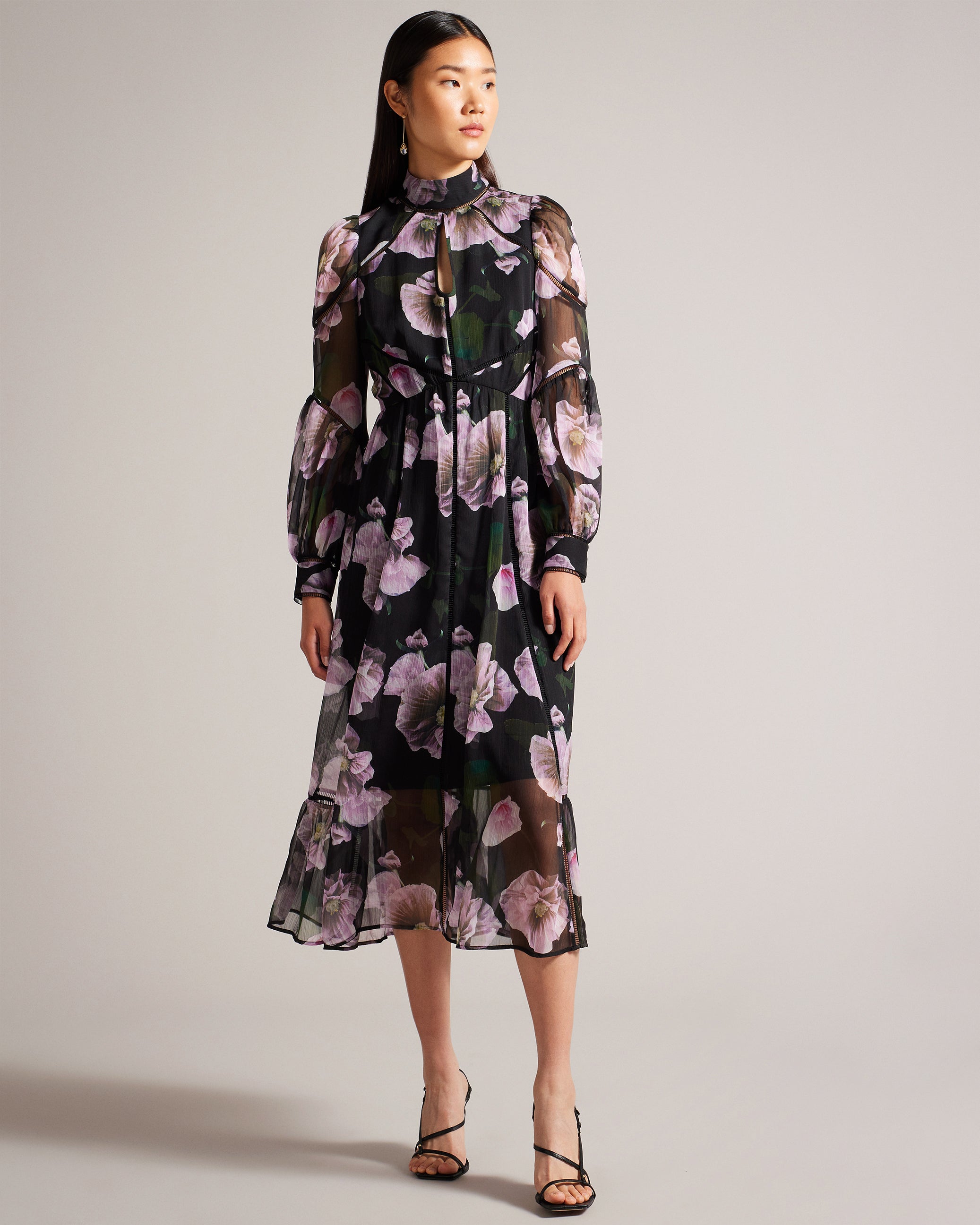 Pohlley Floral Midi Dress With Ladder Lace Black
