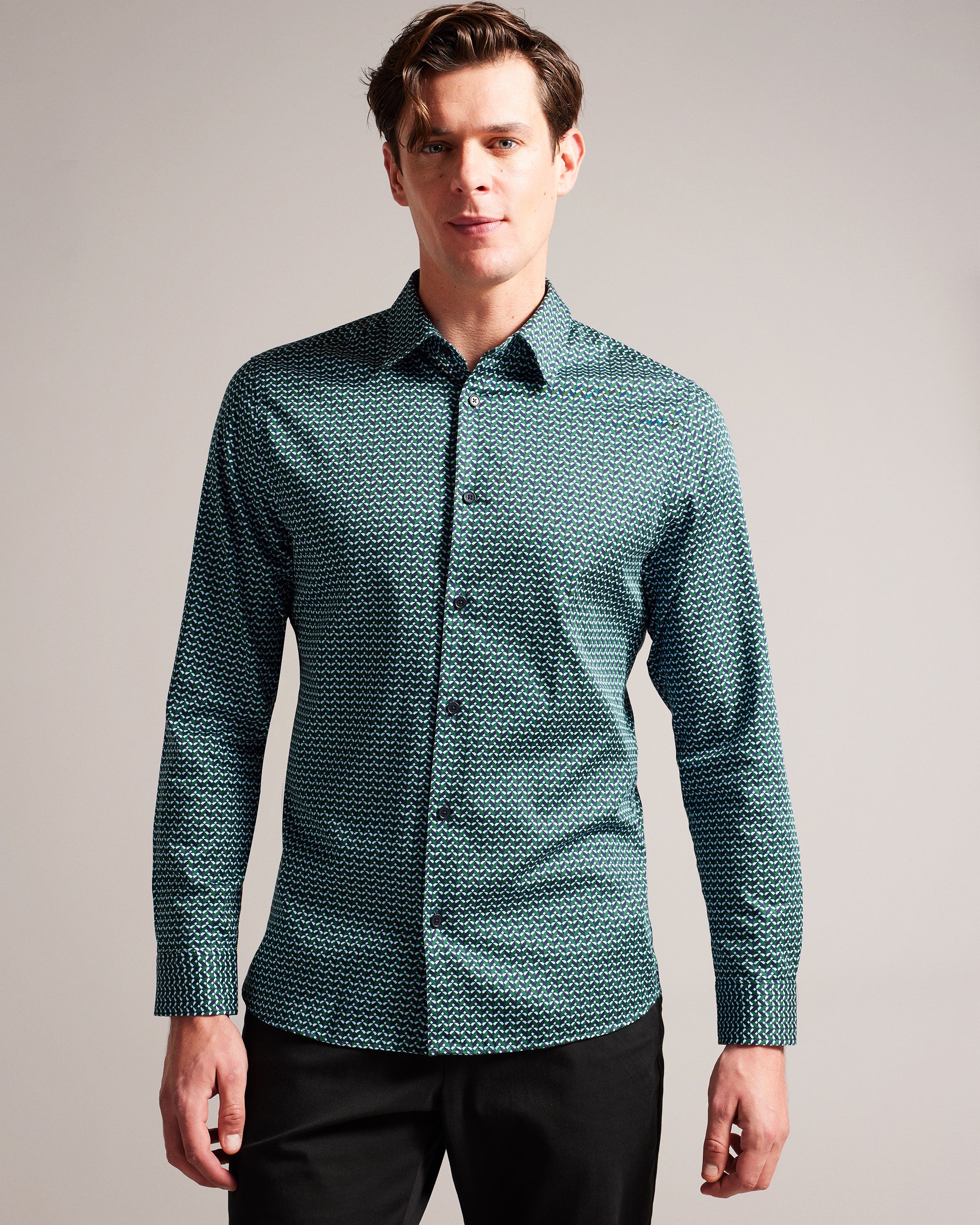 Laceby Long Sleeve Geometric Print Shirt Green
