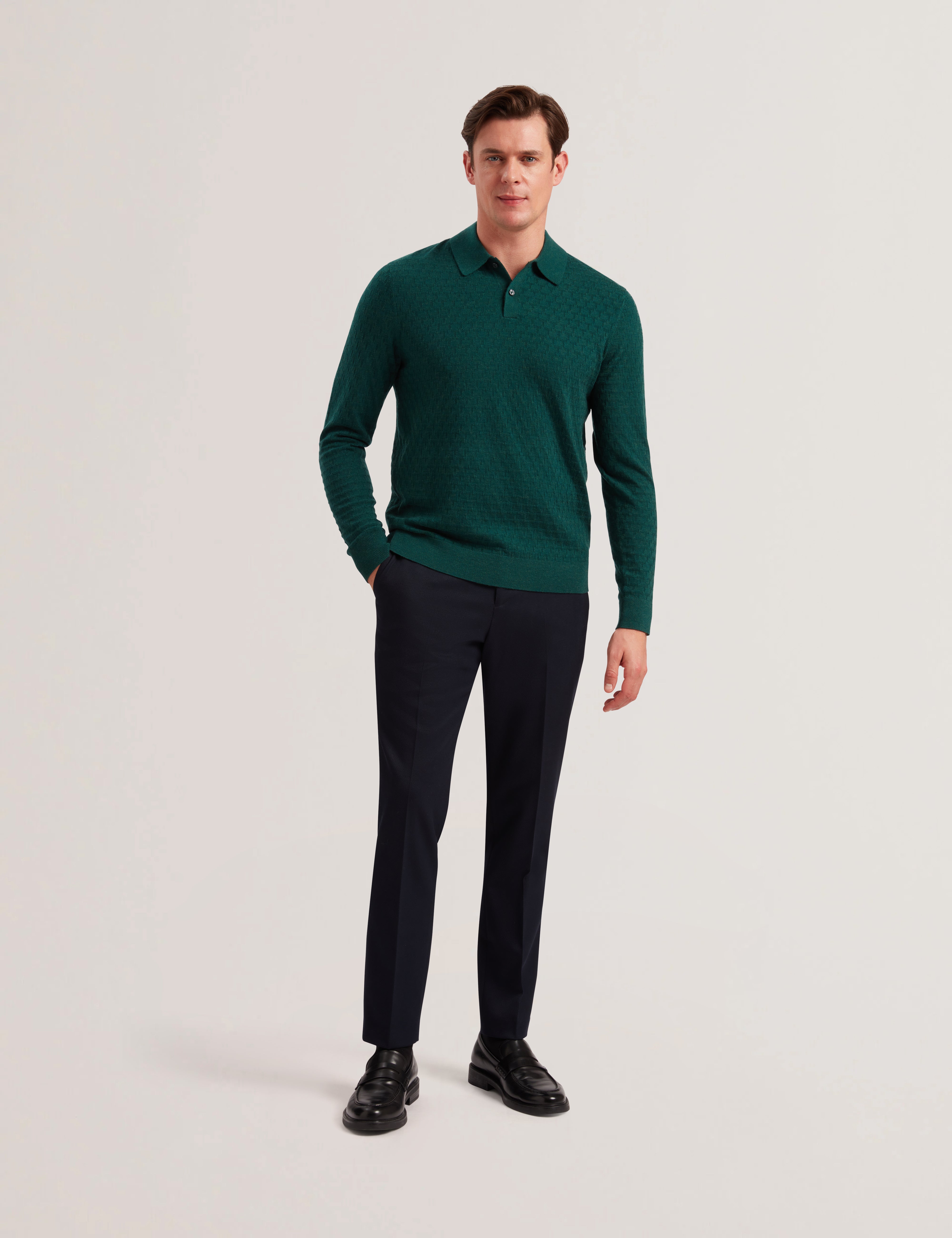 Morar Long Sleeve T Stitch Knitted Polo Dk-Green
