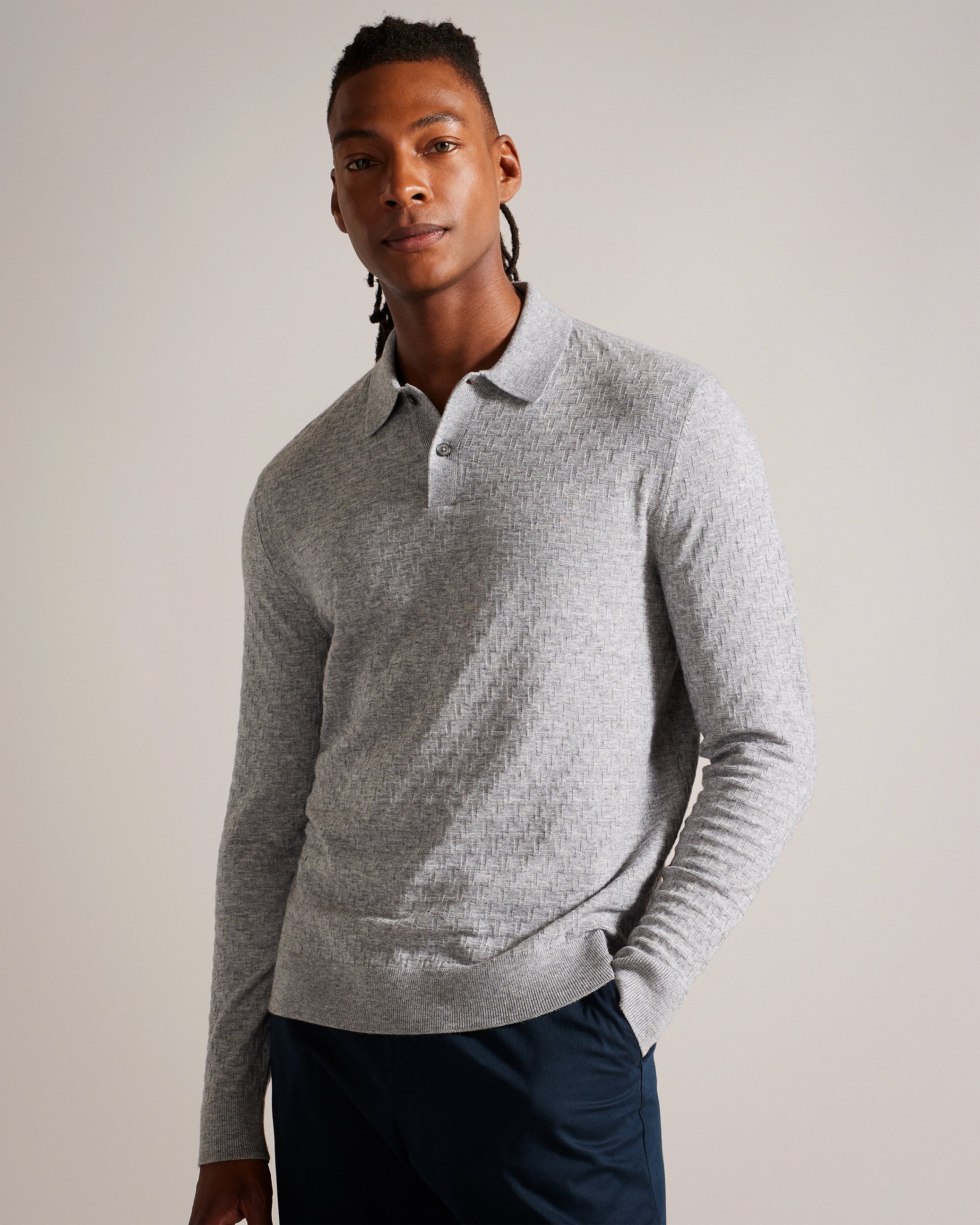 Morar Long Sleeve T Stitch Knitted Polo Grey