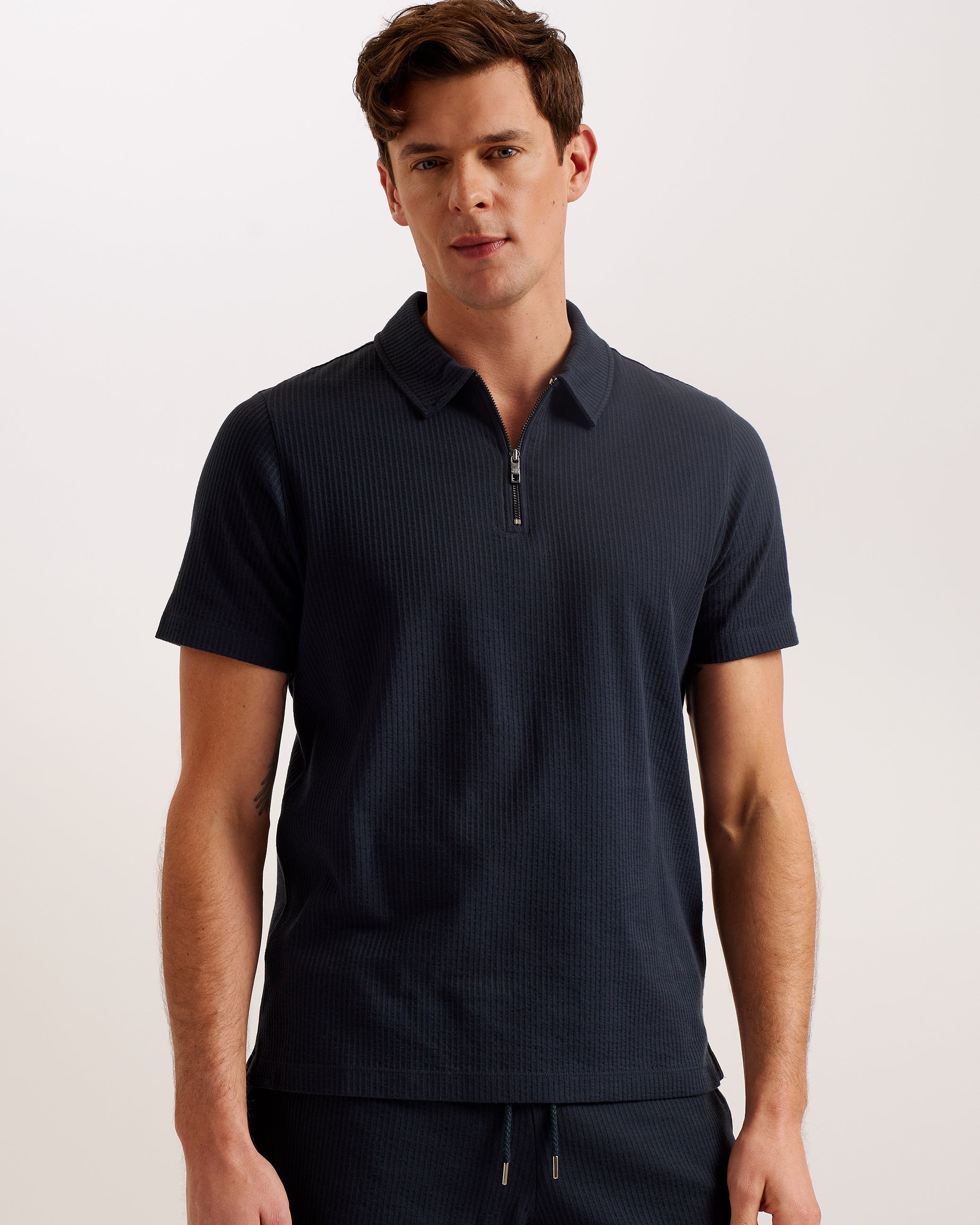 Zarkes Short Sleeve Ribbed Zip Polo Shirt Navy
