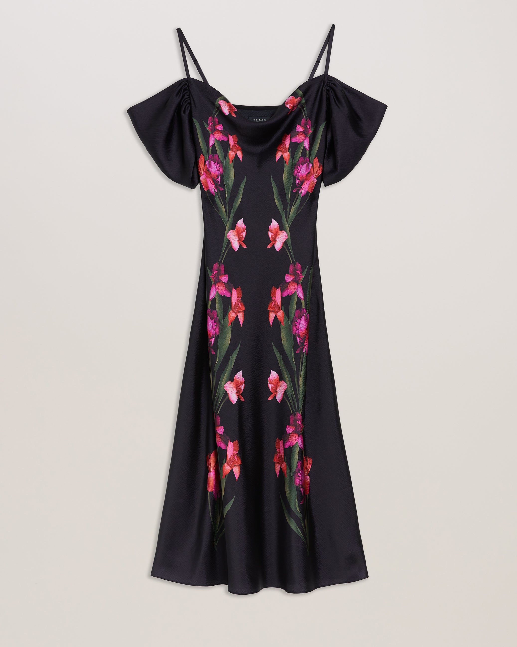 Lucern Satin Off the Shoulder Midi Dress Black