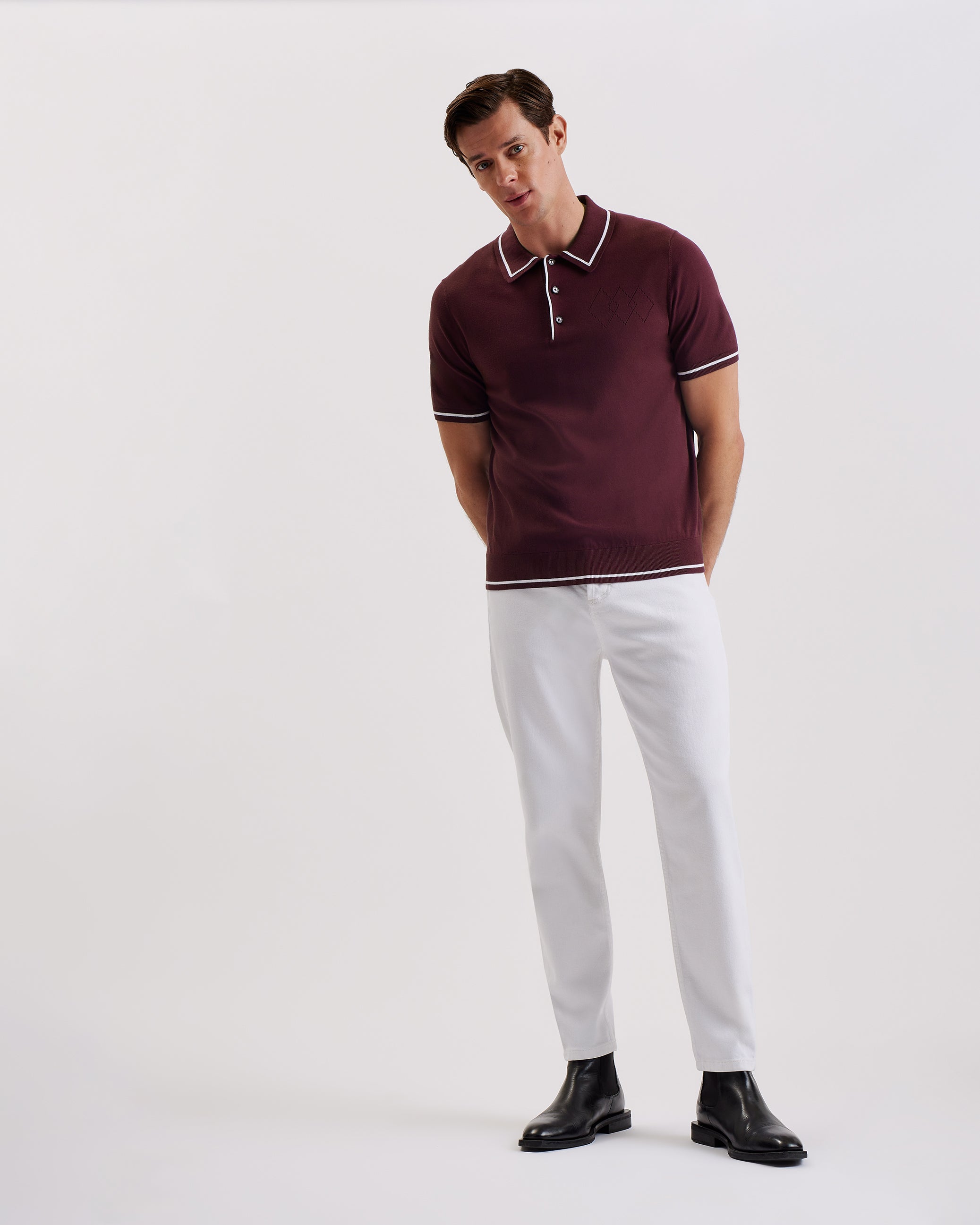 Dunow Short Sleeve Pointelle Diamond Polo Maroon