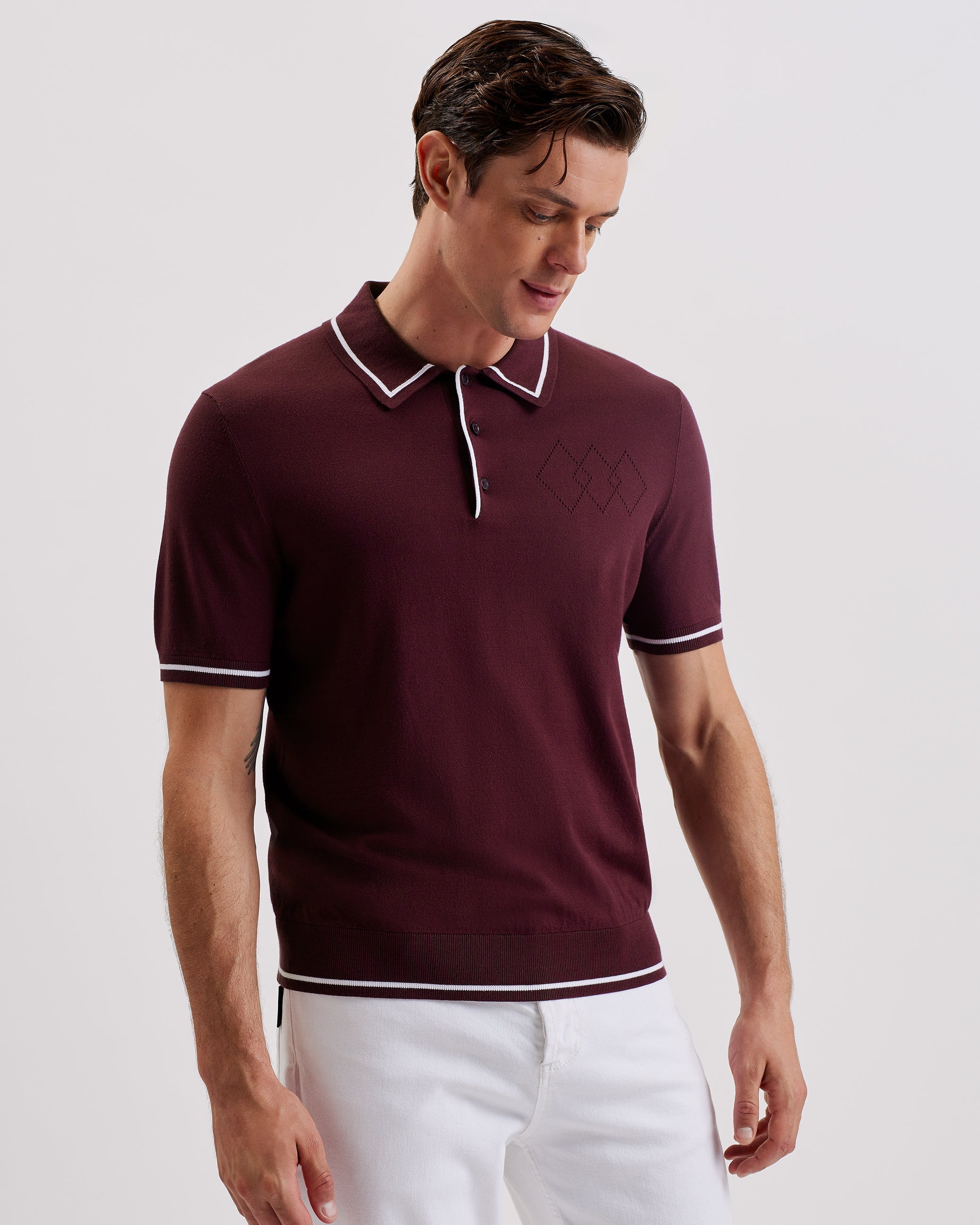 Dunow Short Sleeve Pointelle Diamond Polo Maroon