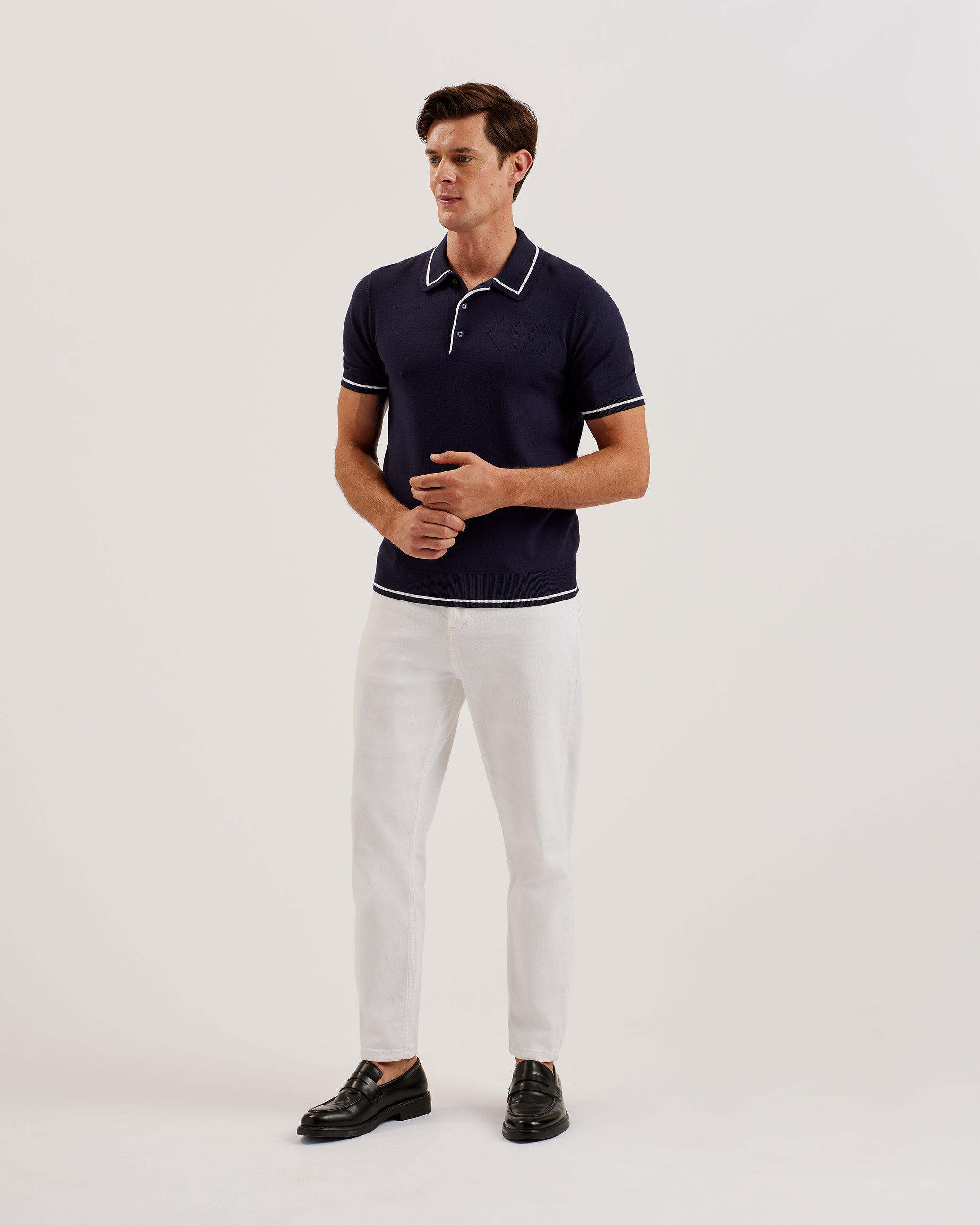Dunow Short Sleeve Pointelle Diamond Polo Navy