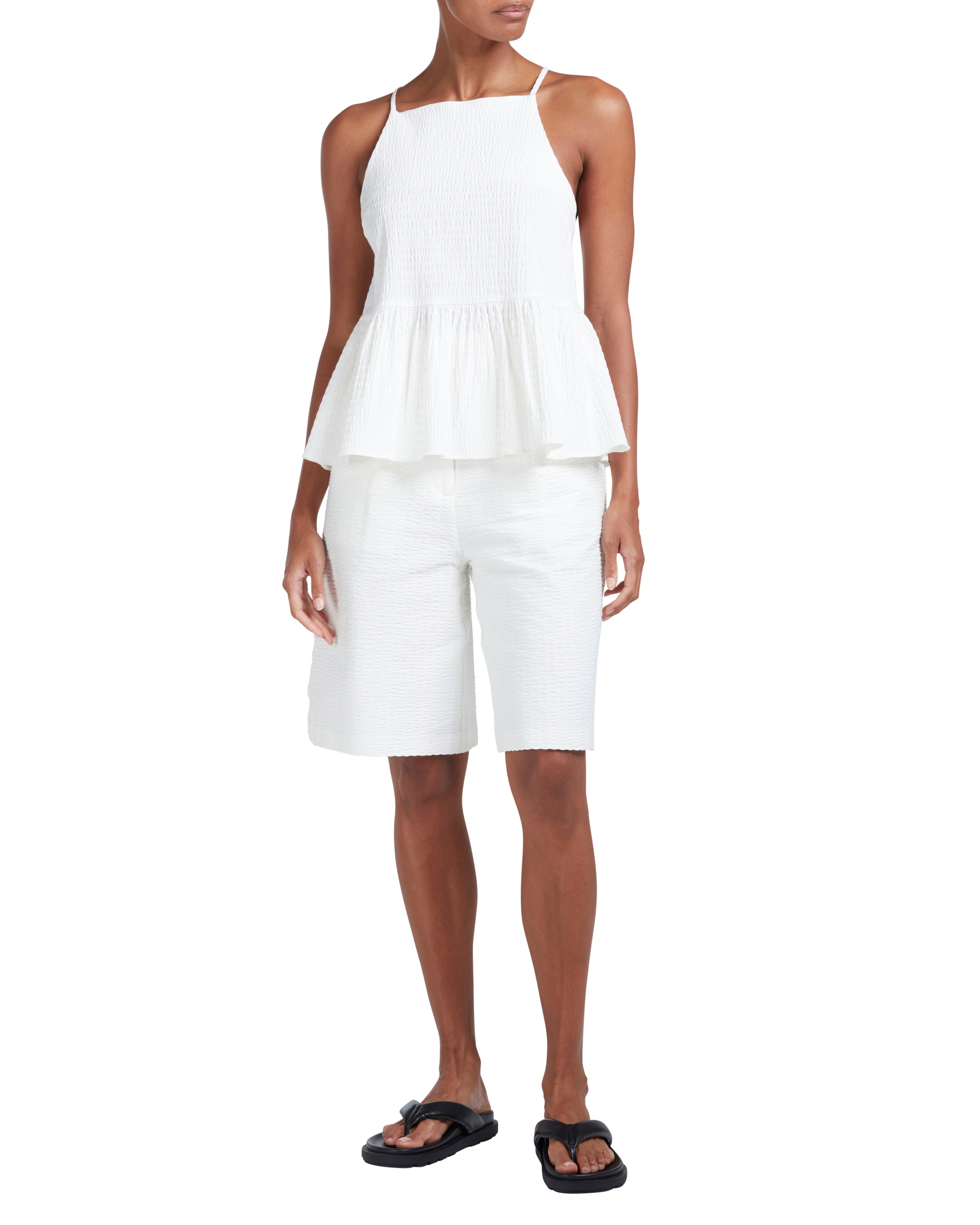 Charush Seersucker Tailored Wide Leg Shorts White
