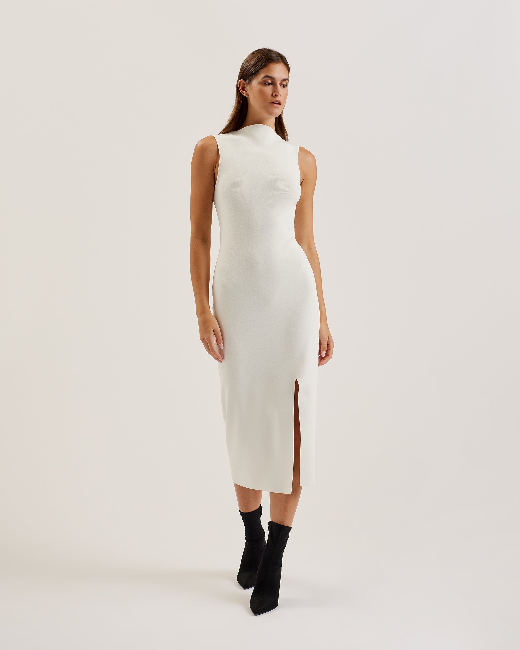 Isbelli Bodycon Knit Dress With Front Split Ivory