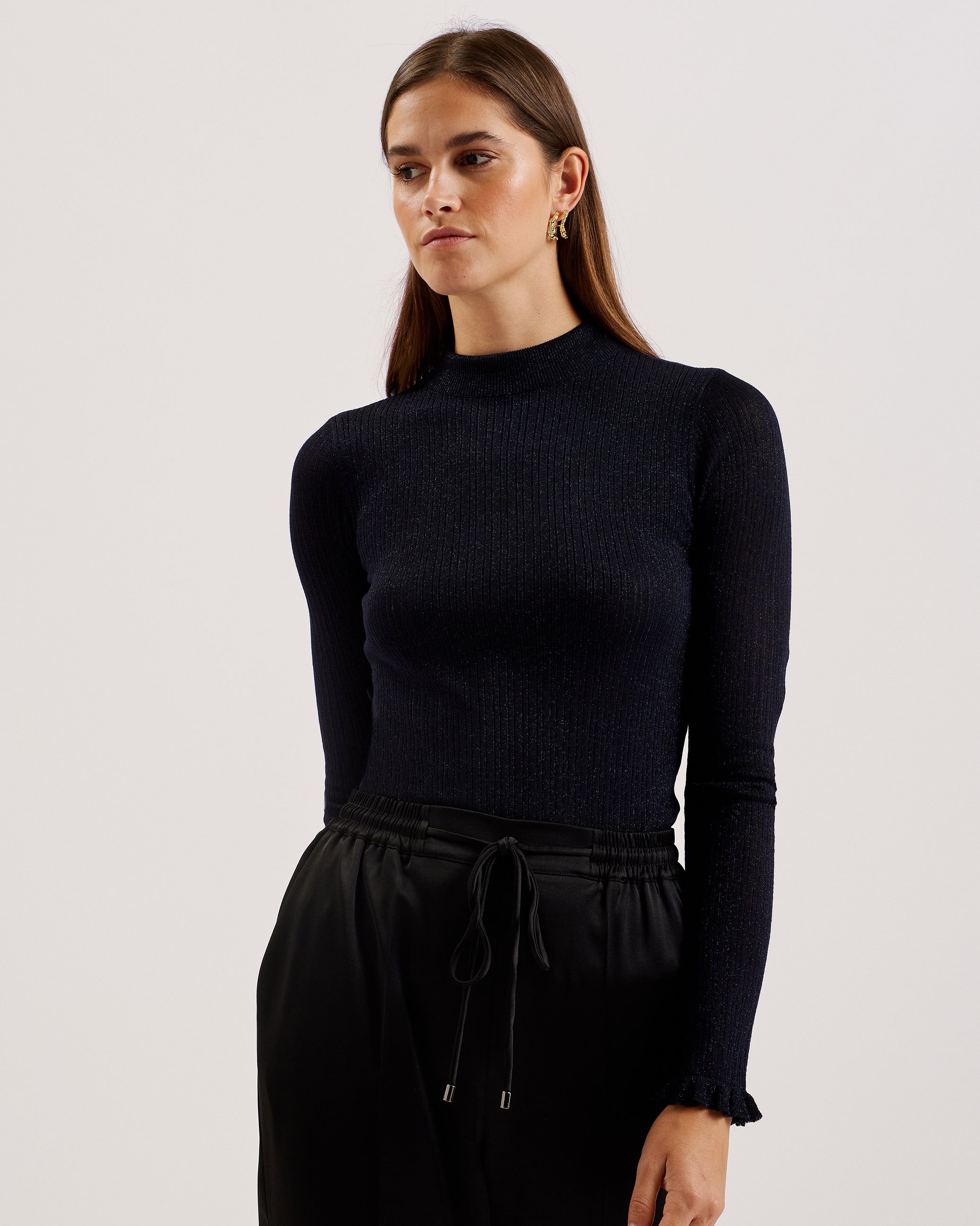 Buy Raineee Metallic Ribbed Funnel Neck Jumper Navy For Women