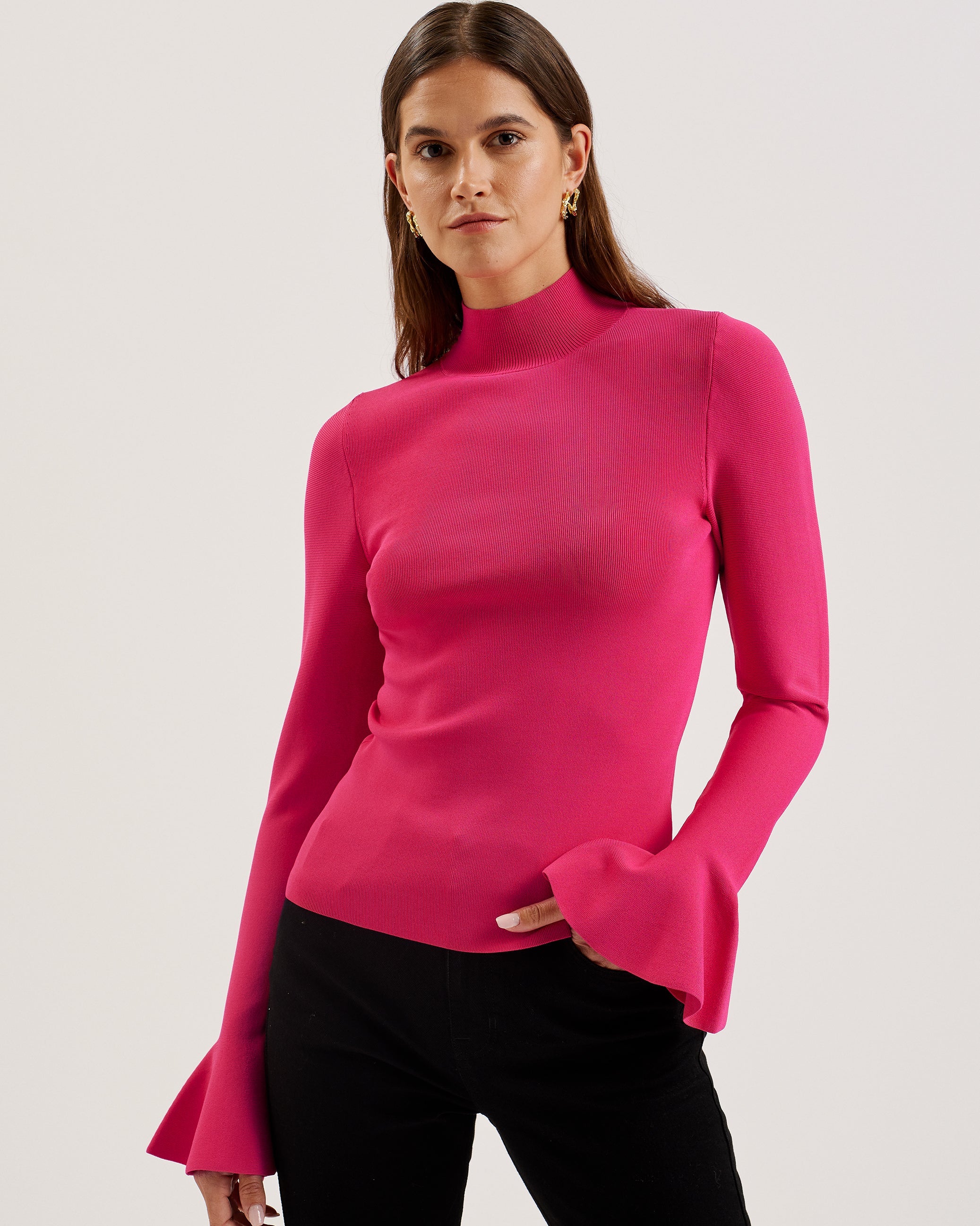Buy Laynha High Neck Knitted Frill Sleeve Top Fuchsia For Women