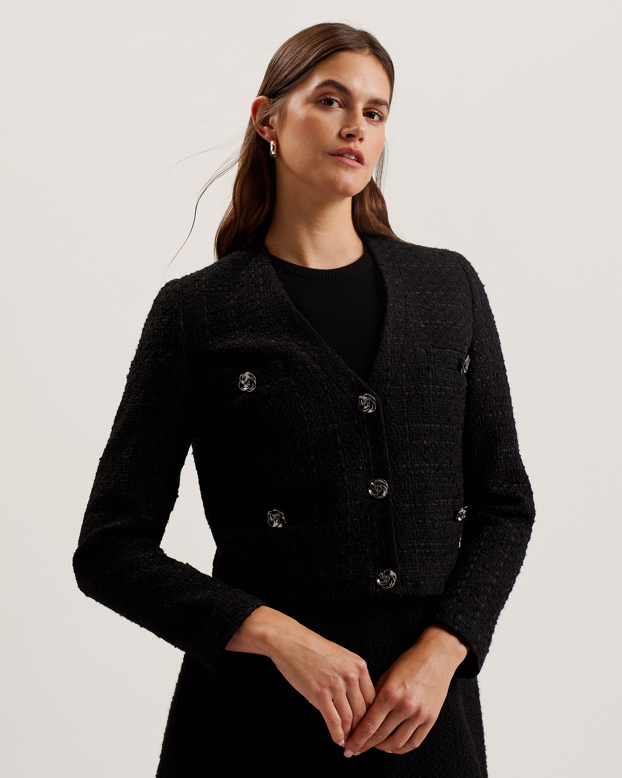 Koma Rose Button Cropped Boucle Tailored J Black