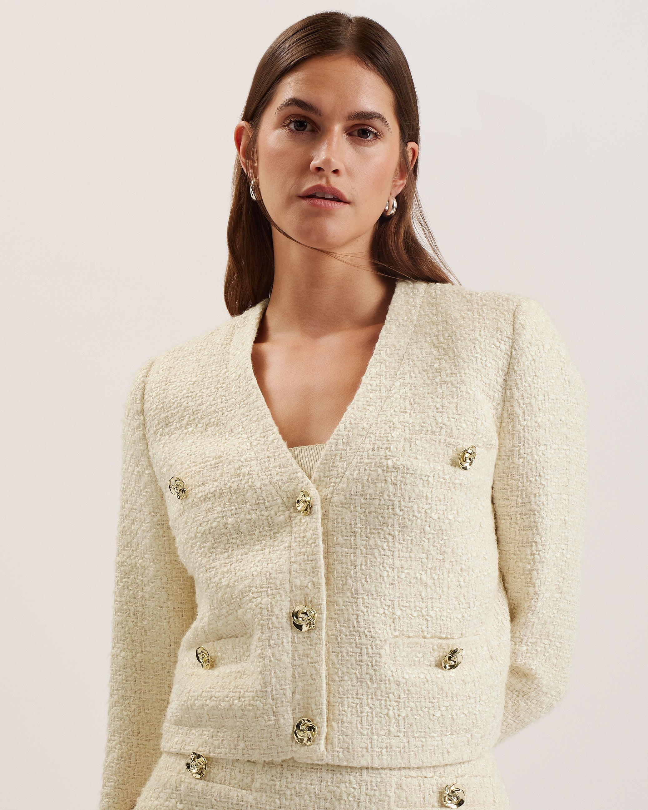 Koma Rose Button Cropped Boucle Tailored J Ivory