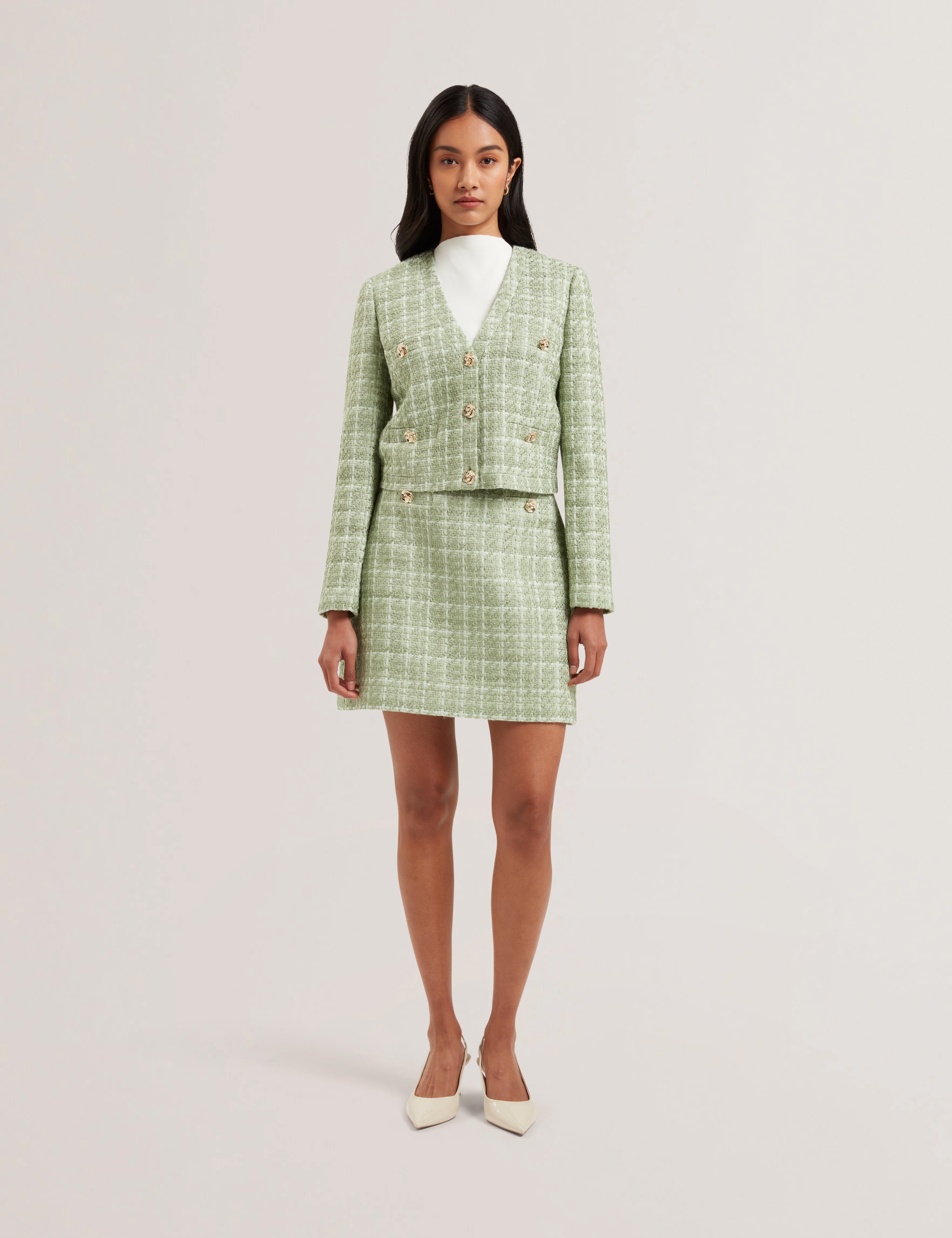Koma Rose Button Cropped Boucle Tailored Jack Lt-Green