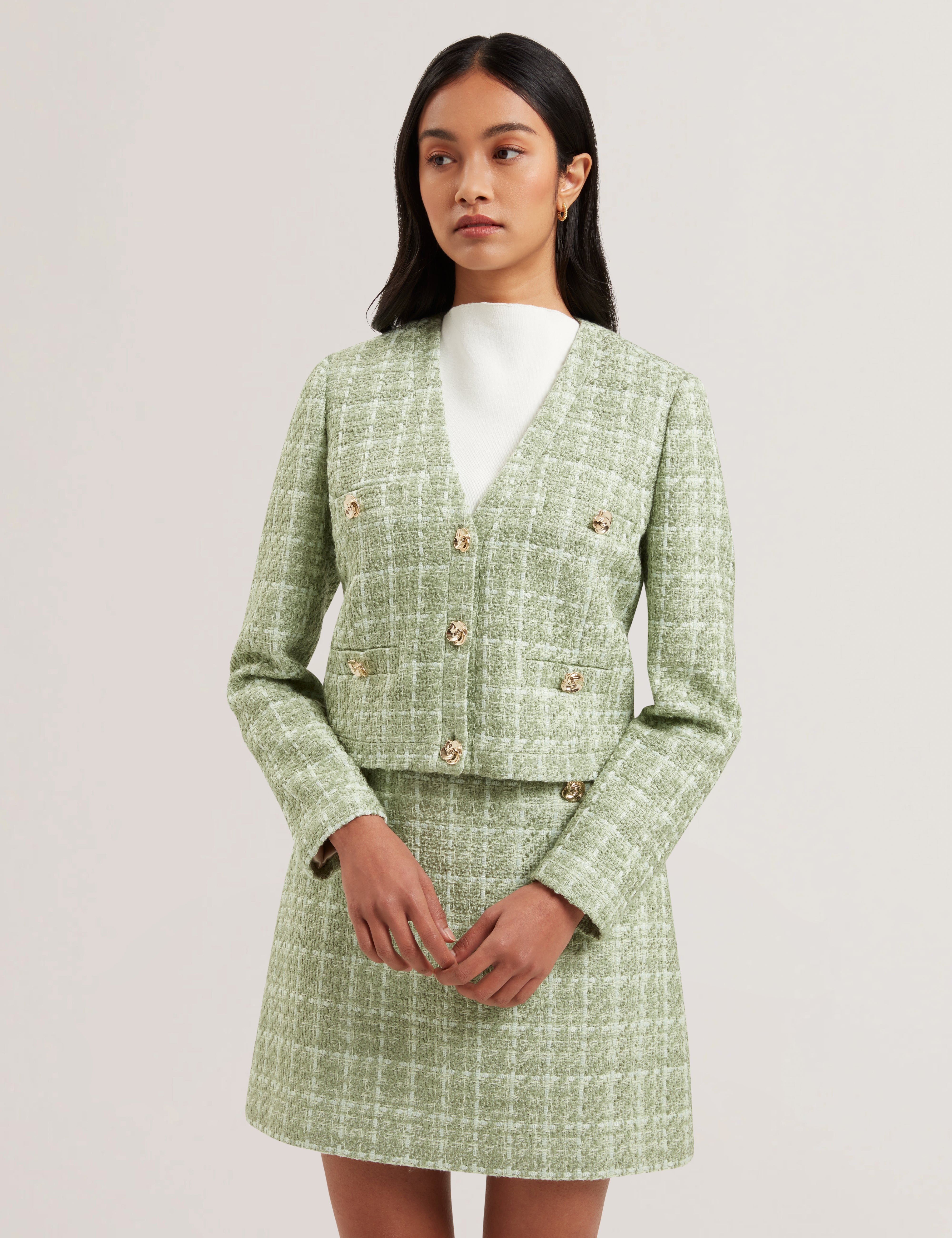 Koma Rose Button Cropped Boucle Tailored Jack Lt-Green