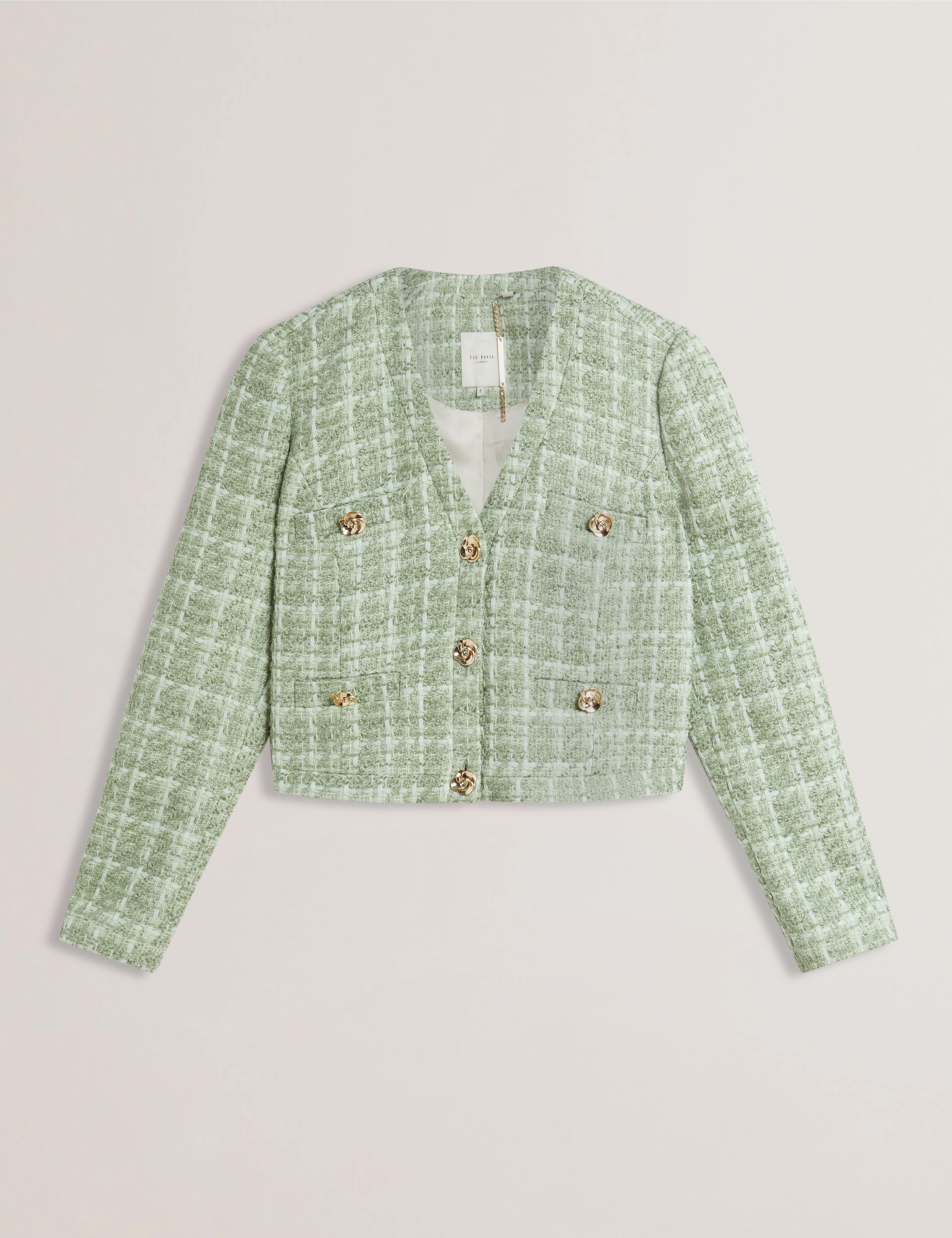 Koma Rose Button Cropped Boucle Tailored Jack Lt-Green