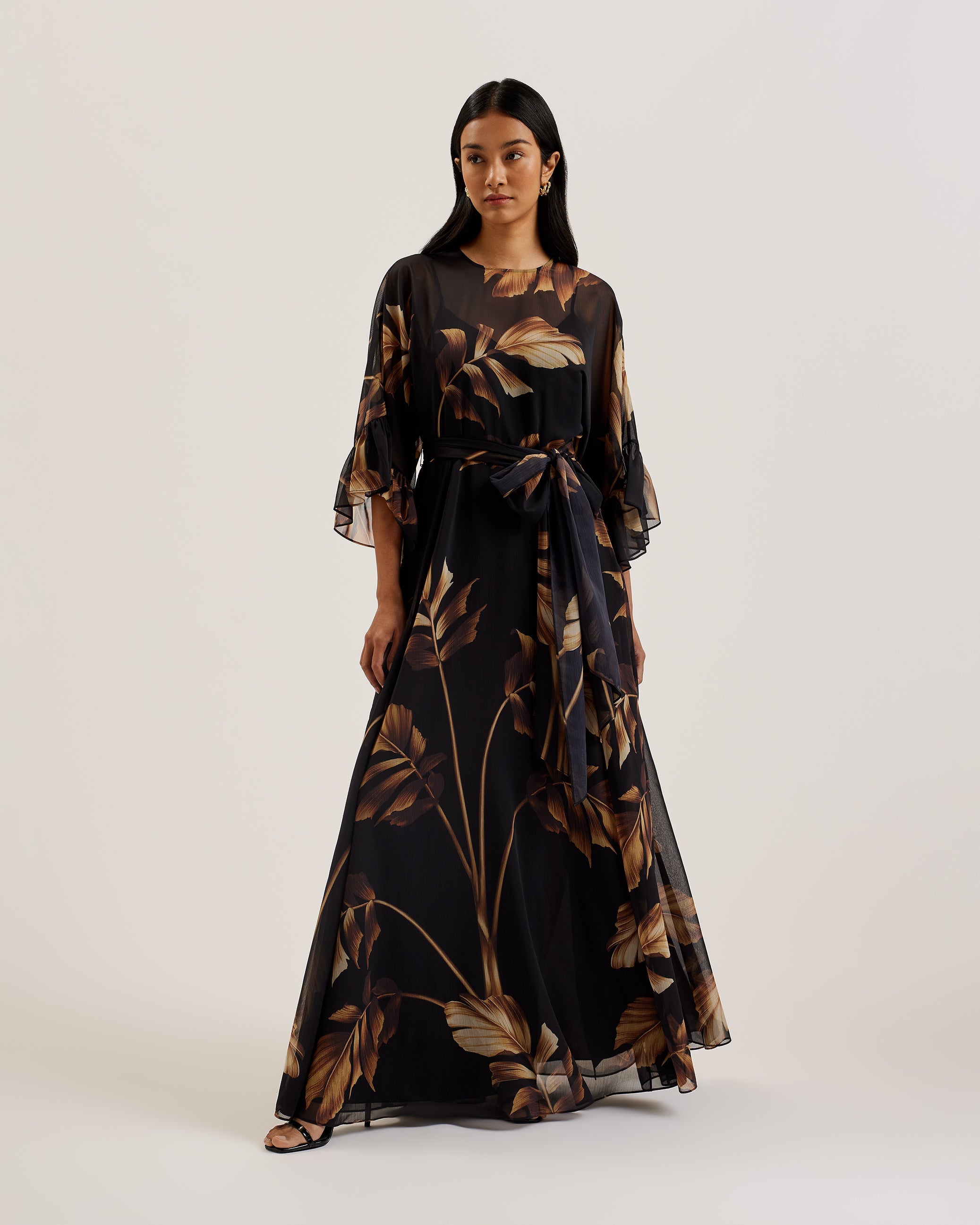 Buy Calama Sheer Printed Maxi Dress With Slit Black For Women
