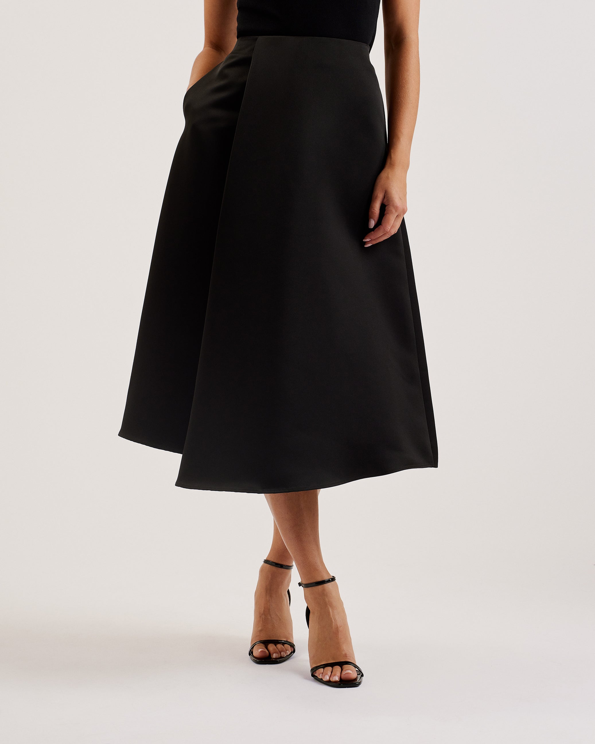 Erva Asymmetric Satin Wrap Midi Skirt Black
