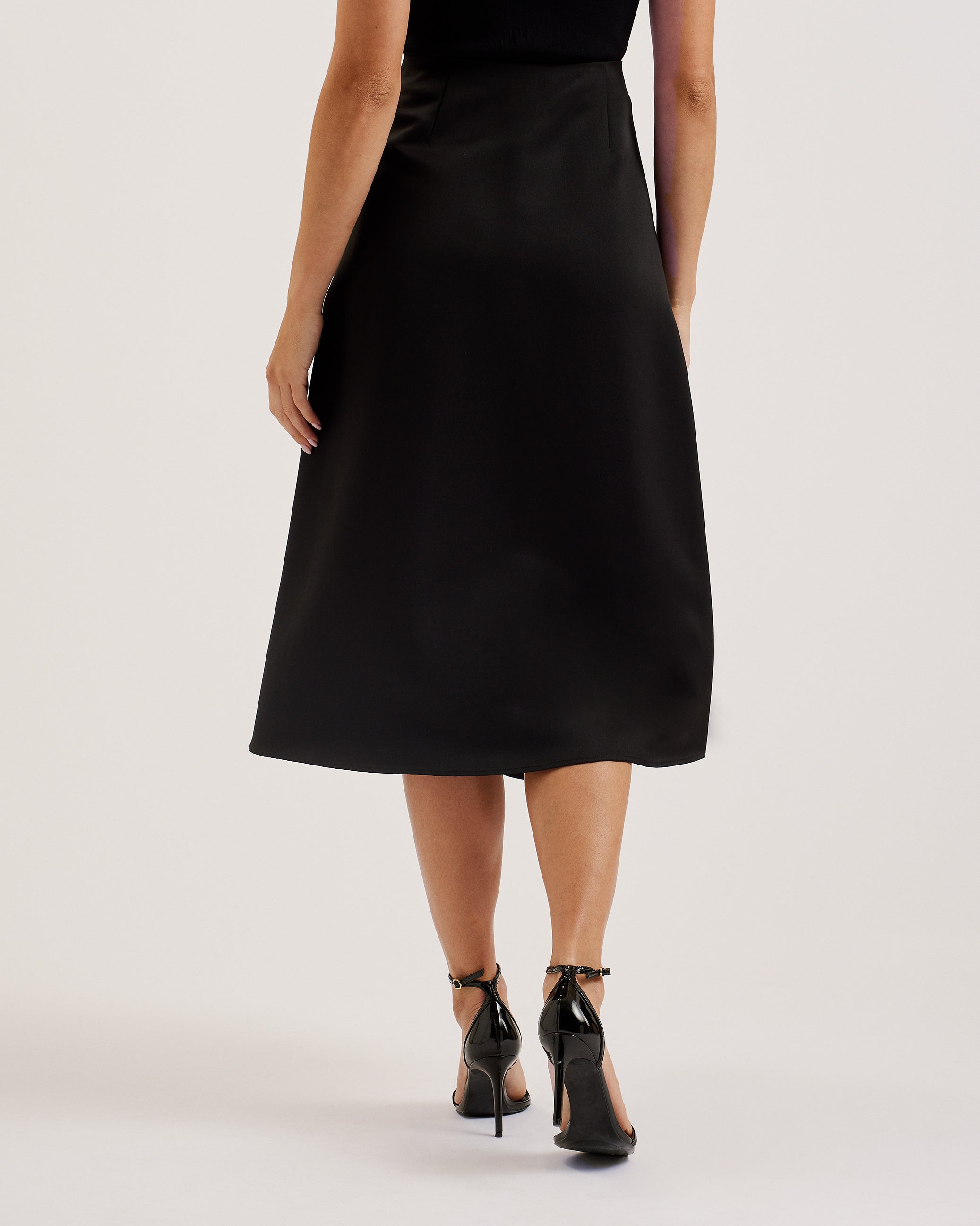 Erva Asymmetric Satin Wrap Midi Skirt Black