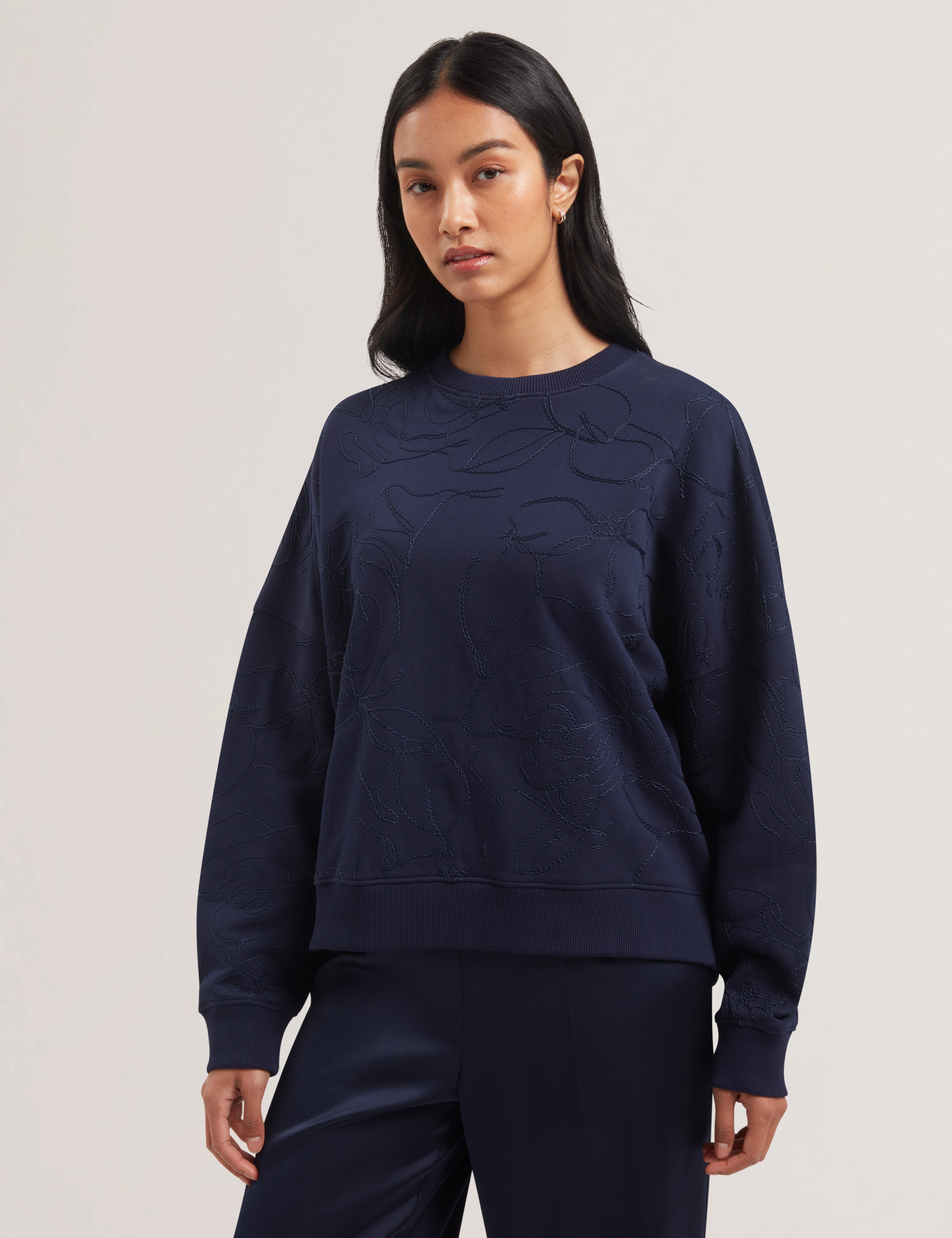Jjosiee Floral Embroidered Long Sleeve Sweatshirt Navy