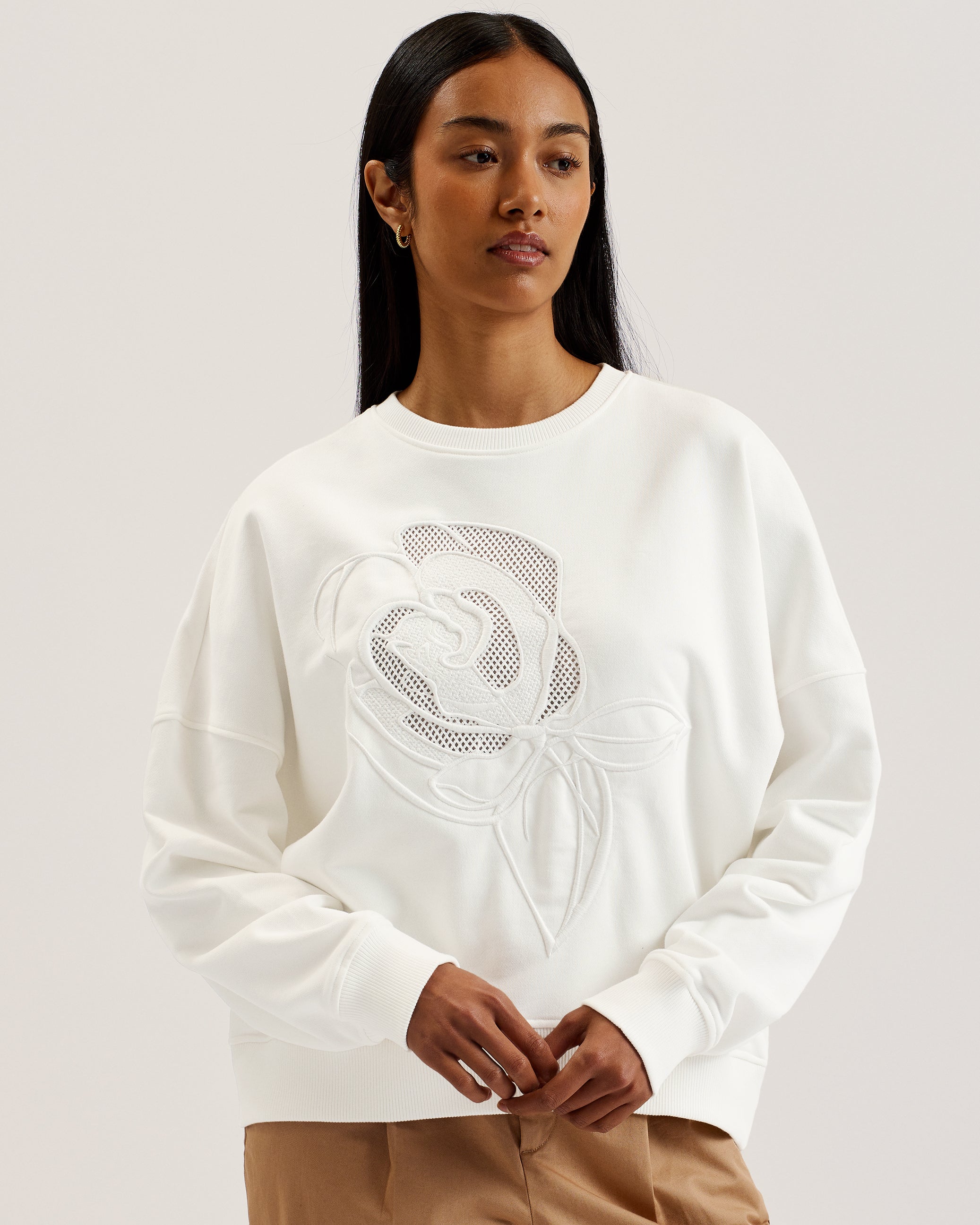 Lotiss Embroidered Burnout Graphic Sweatshirt Ivory