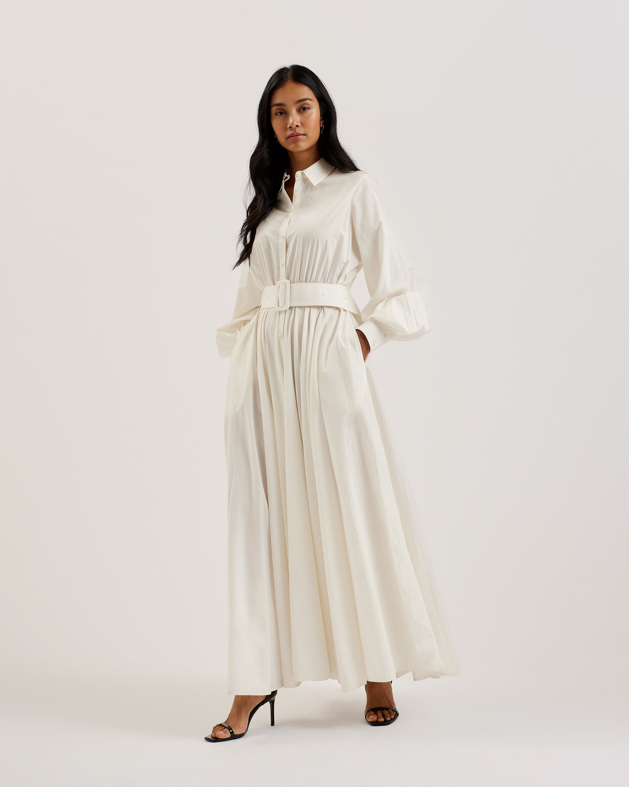 Ene Button Down Maxi Shirt Dress With Belt White