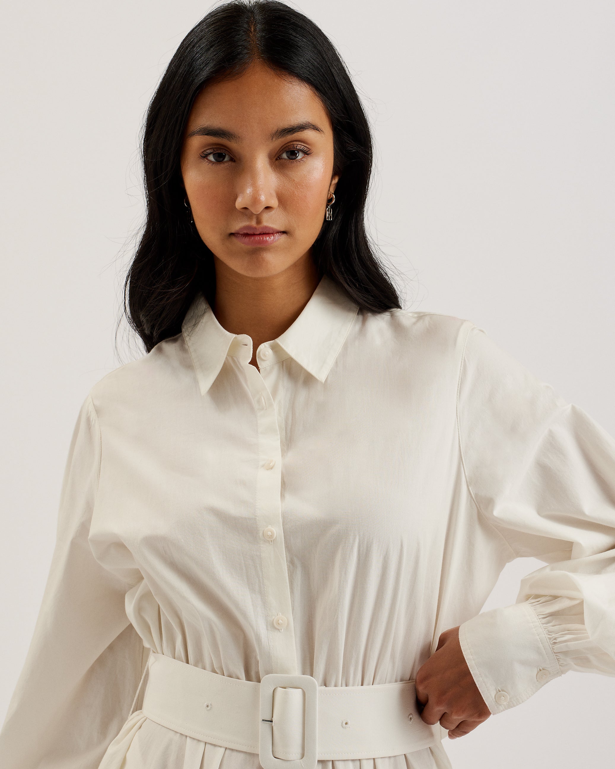 Ene Button Down Maxi Shirt Dress With Belt White