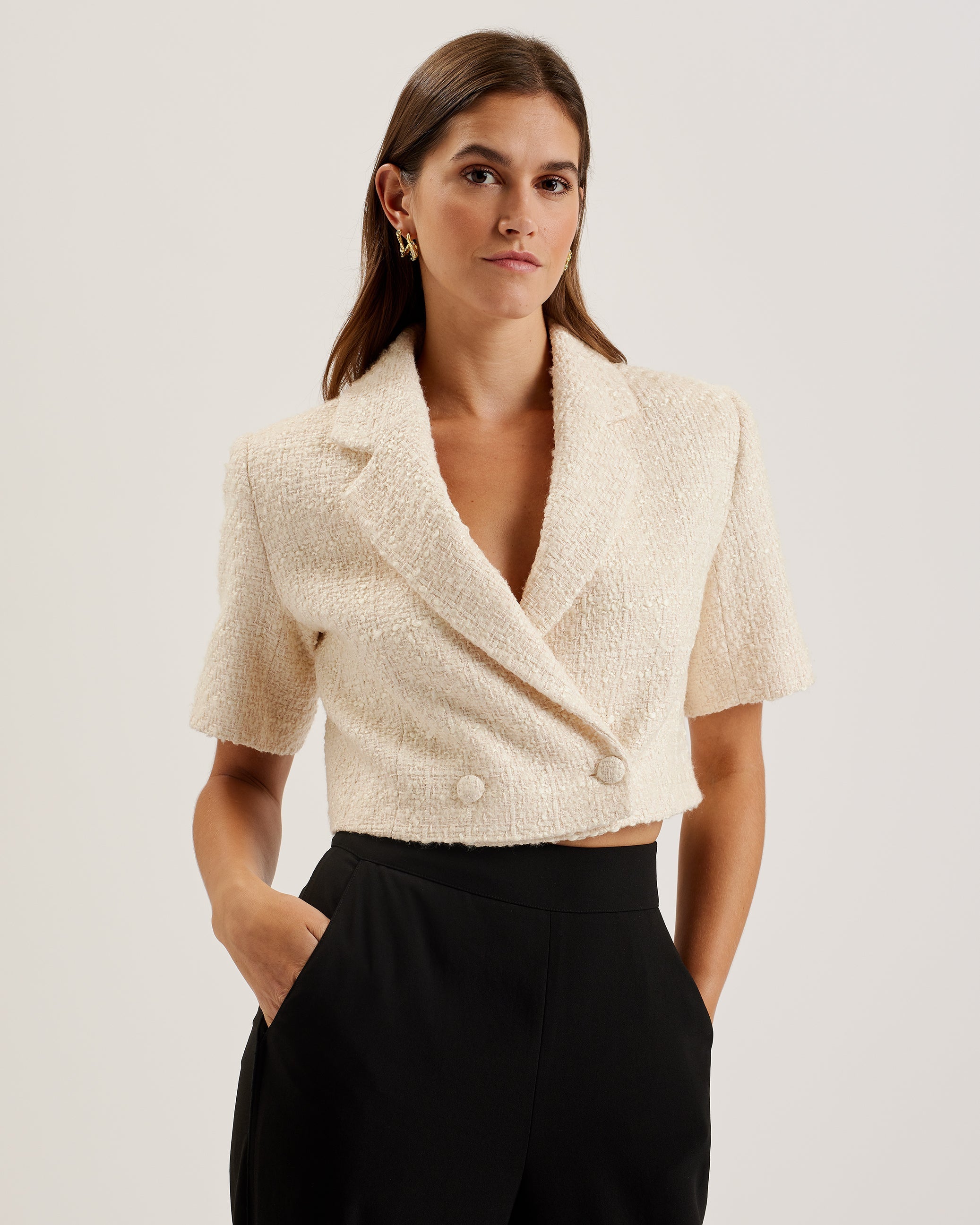 Komac Short-Sleeve Cropped Boucle Blazer Ivory