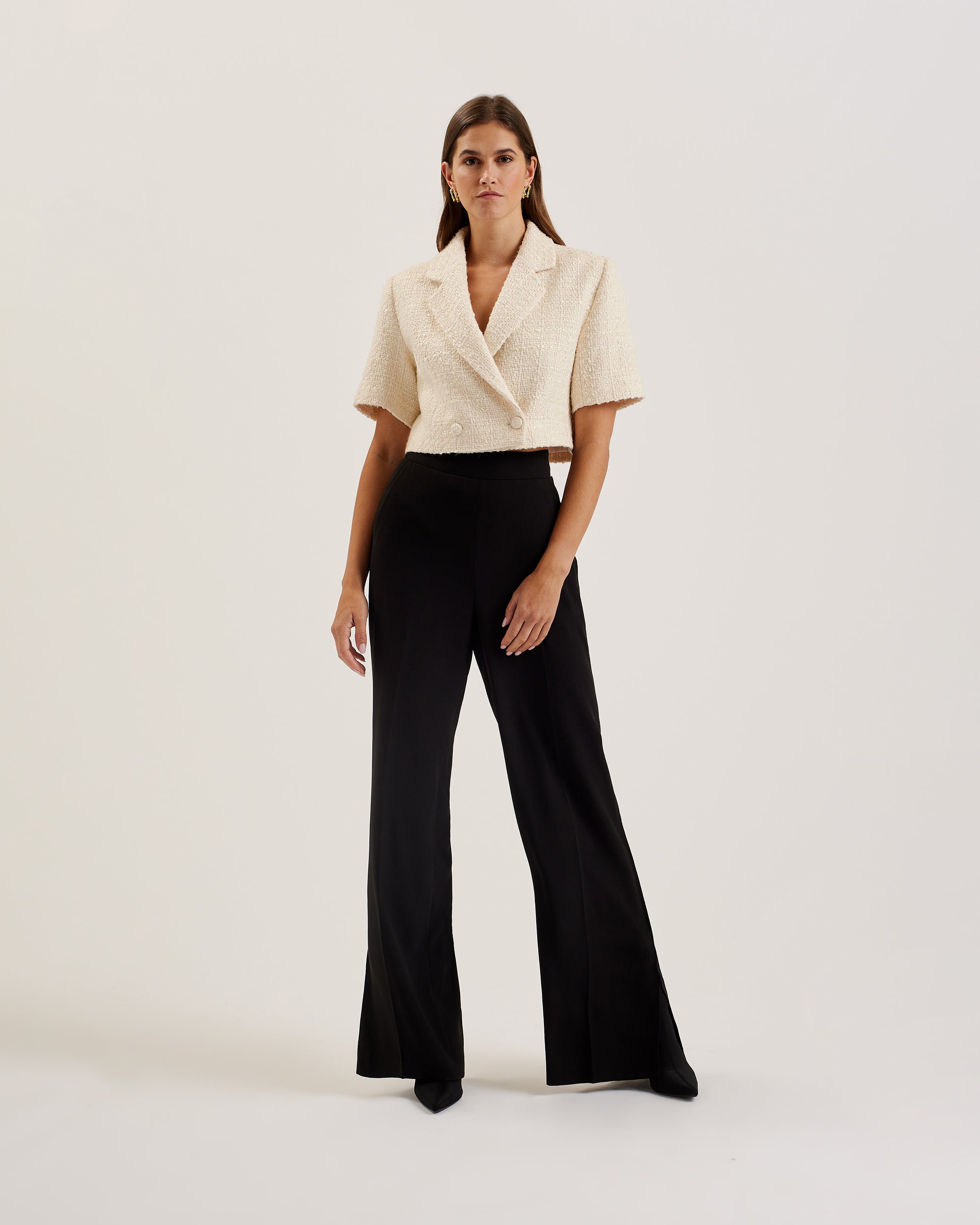 Komac Short-Sleeve Cropped Boucle Blazer Ivory
