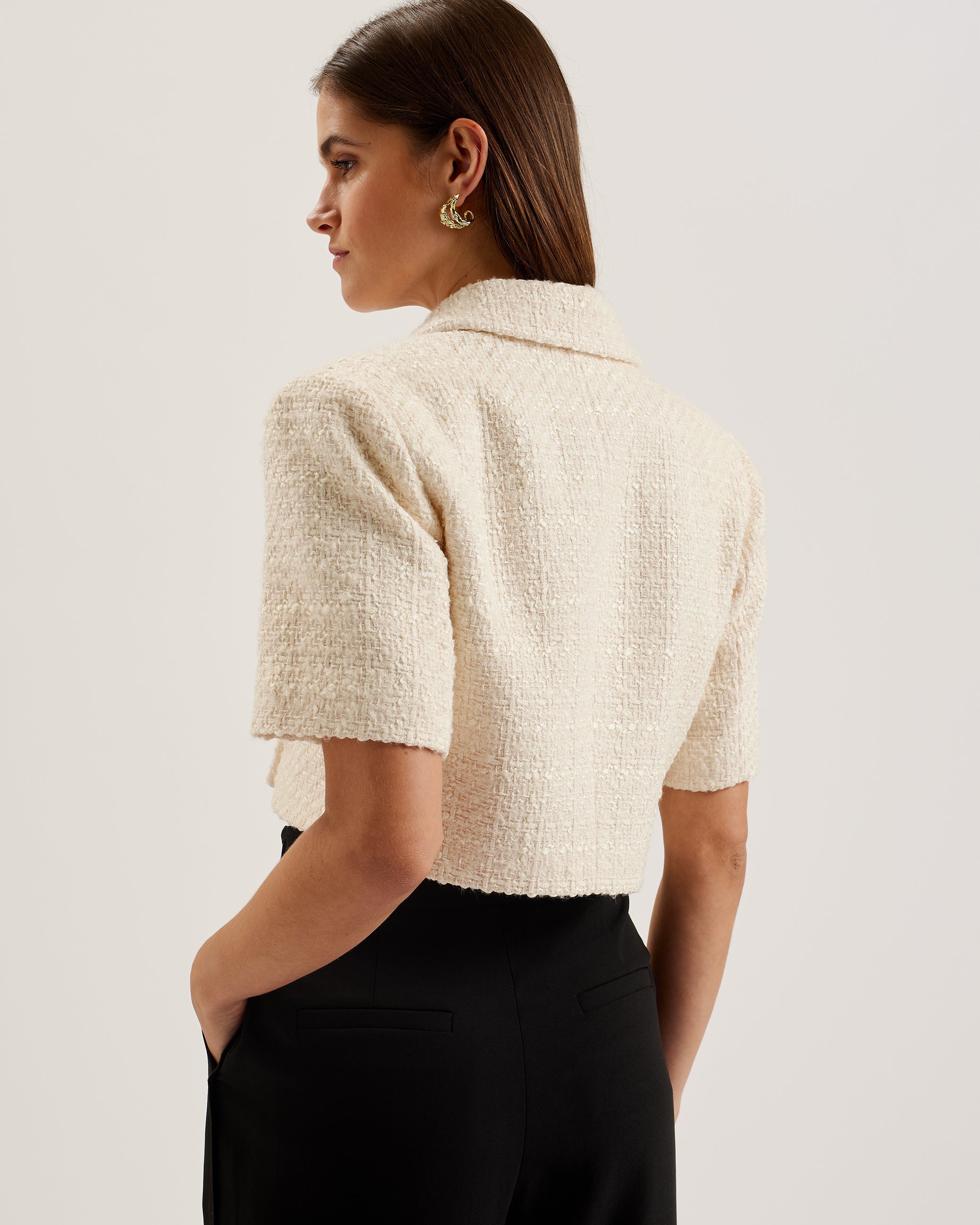 Komac Short-Sleeve Cropped Boucle Blazer Ivory