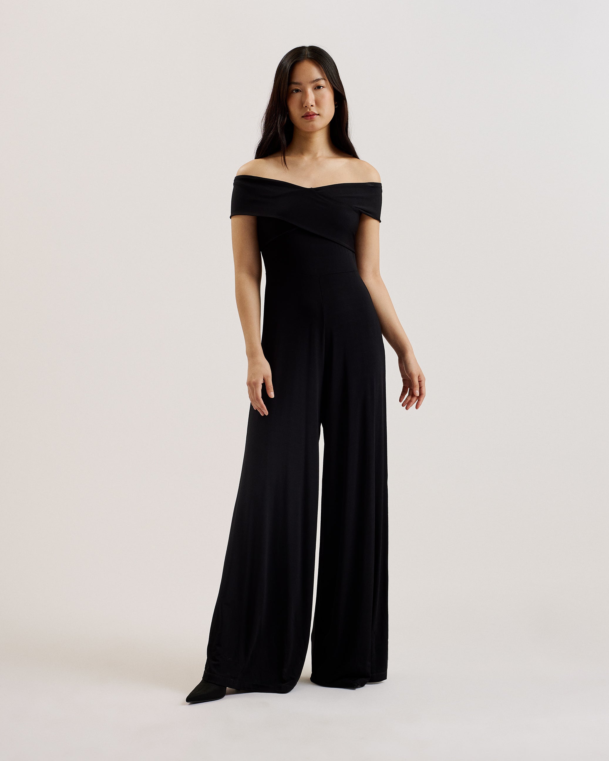Almhaa Bardot Slinky Jersey Wide Leg Jumpsuit Black