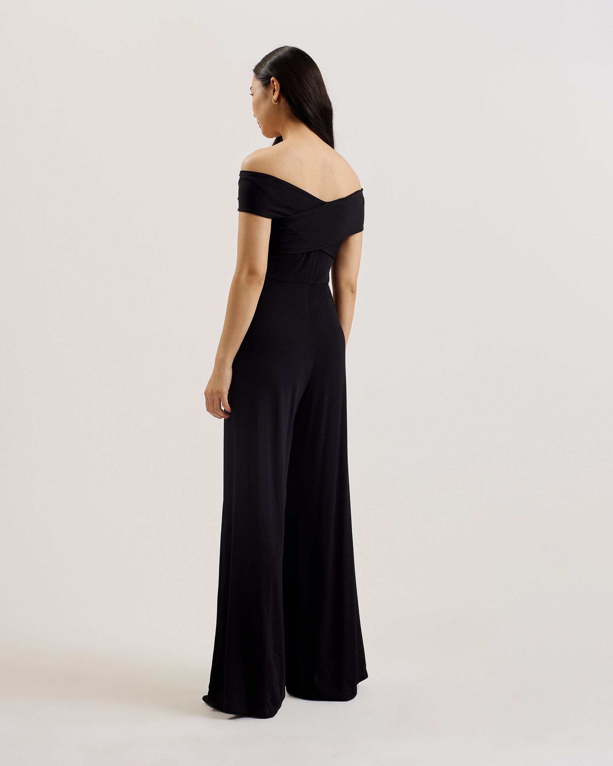 Almhaa Bardot Slinky Jersey Wide Leg Jumpsuit Black