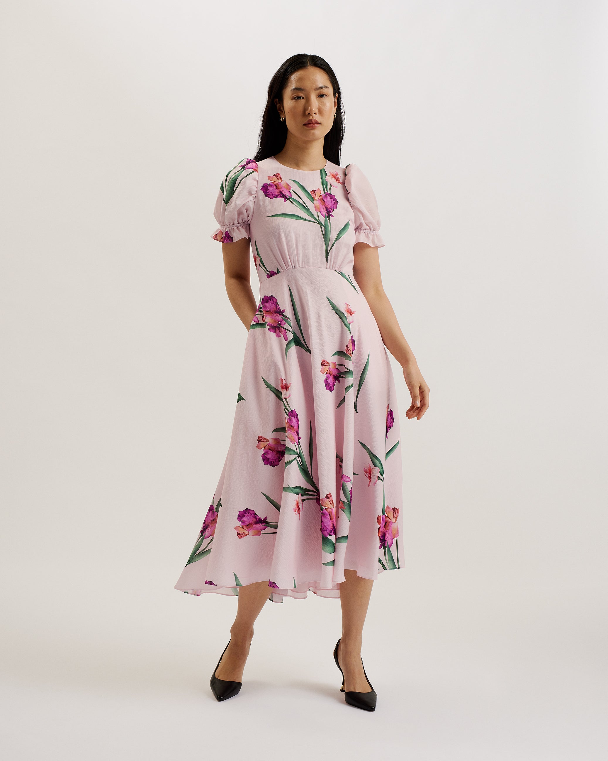 ted baker midi dress Light Pink Lilypad Print Puff Sleeve | Jonora Bodycon midi dress Sculpting lightweight knitted fabric Low V REBEXXA | IVORY