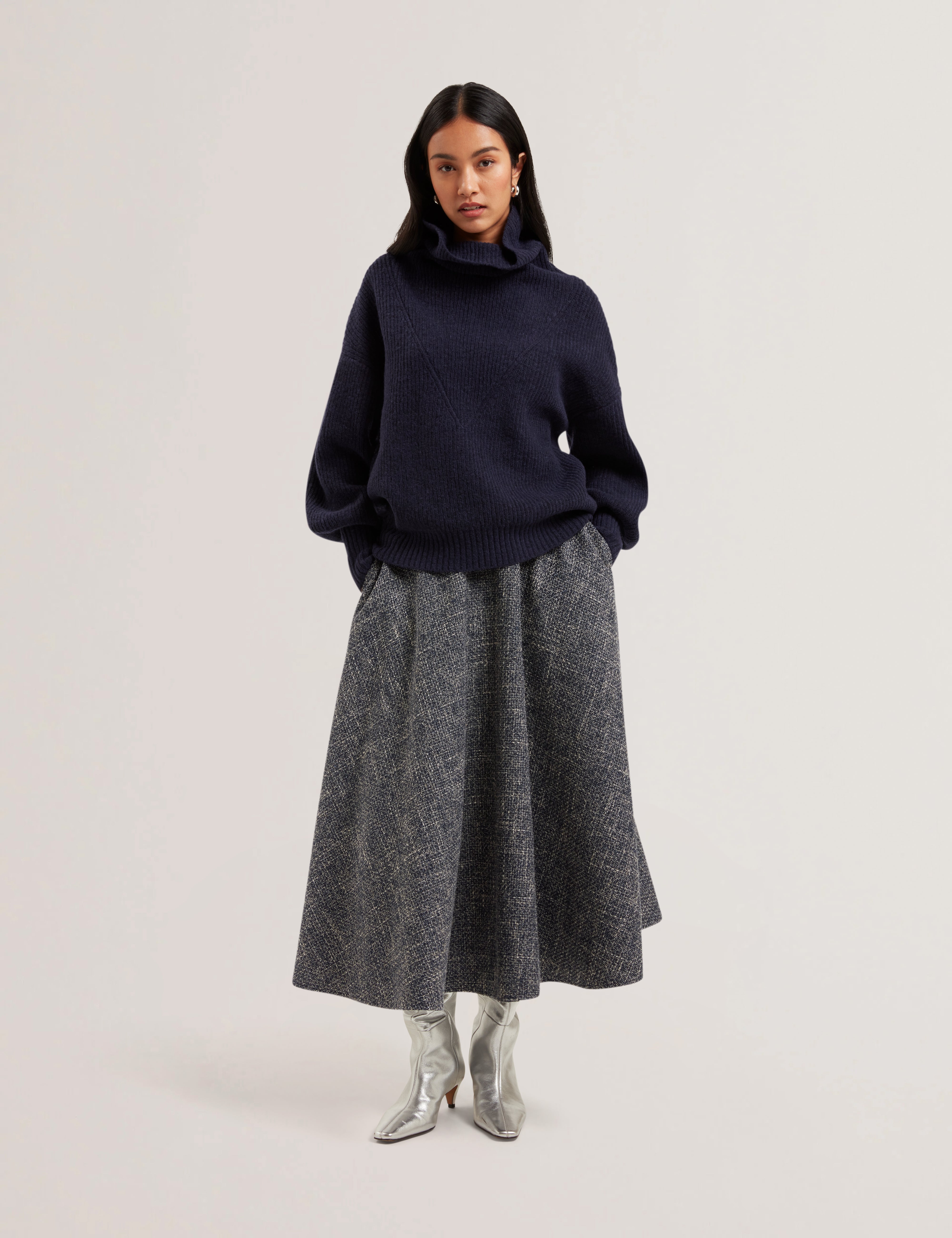Abies Boucle Midi Ruffled Circle Skirt Navy