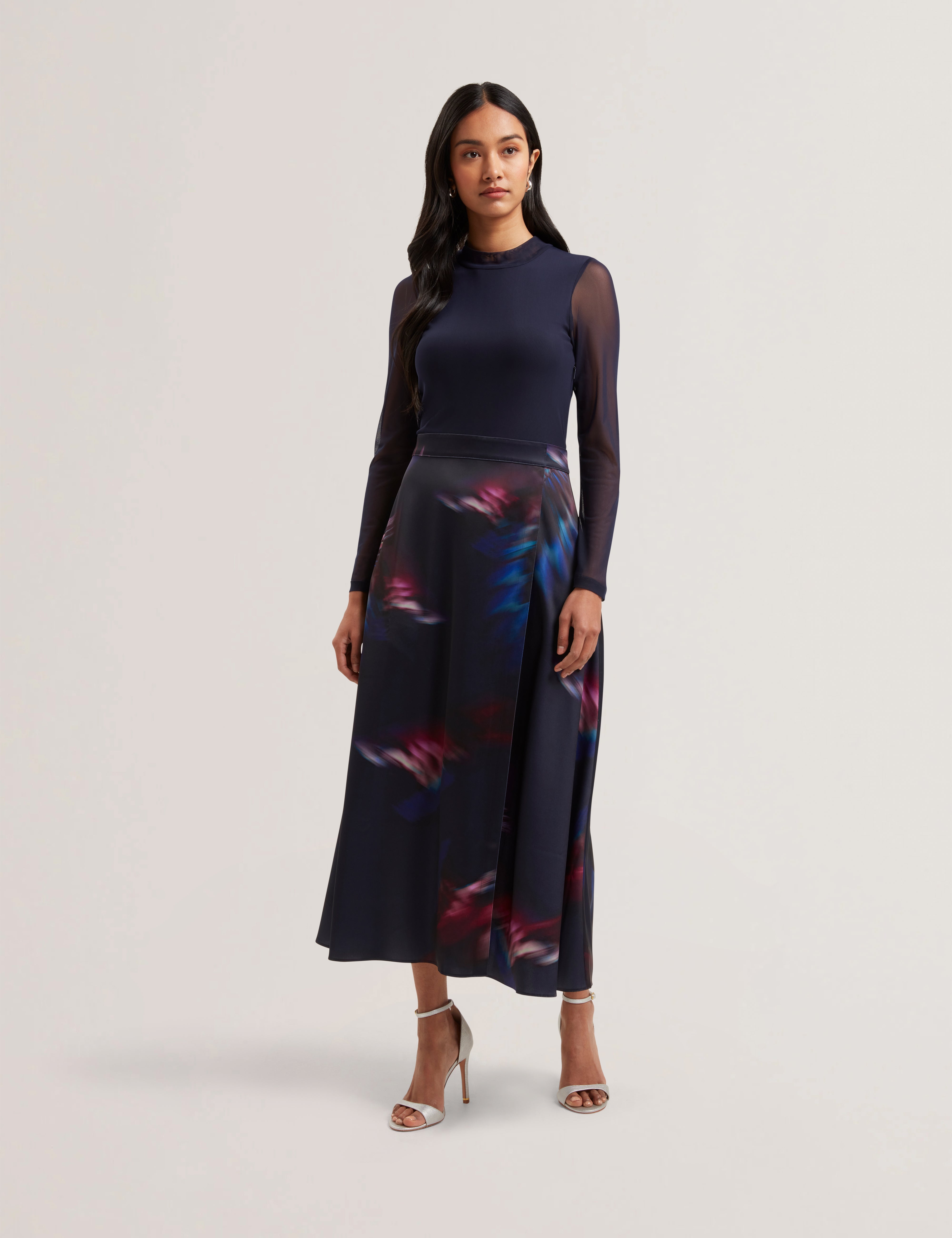 Lilabel Mesh Top Printed Skirt Midi Dress Navy