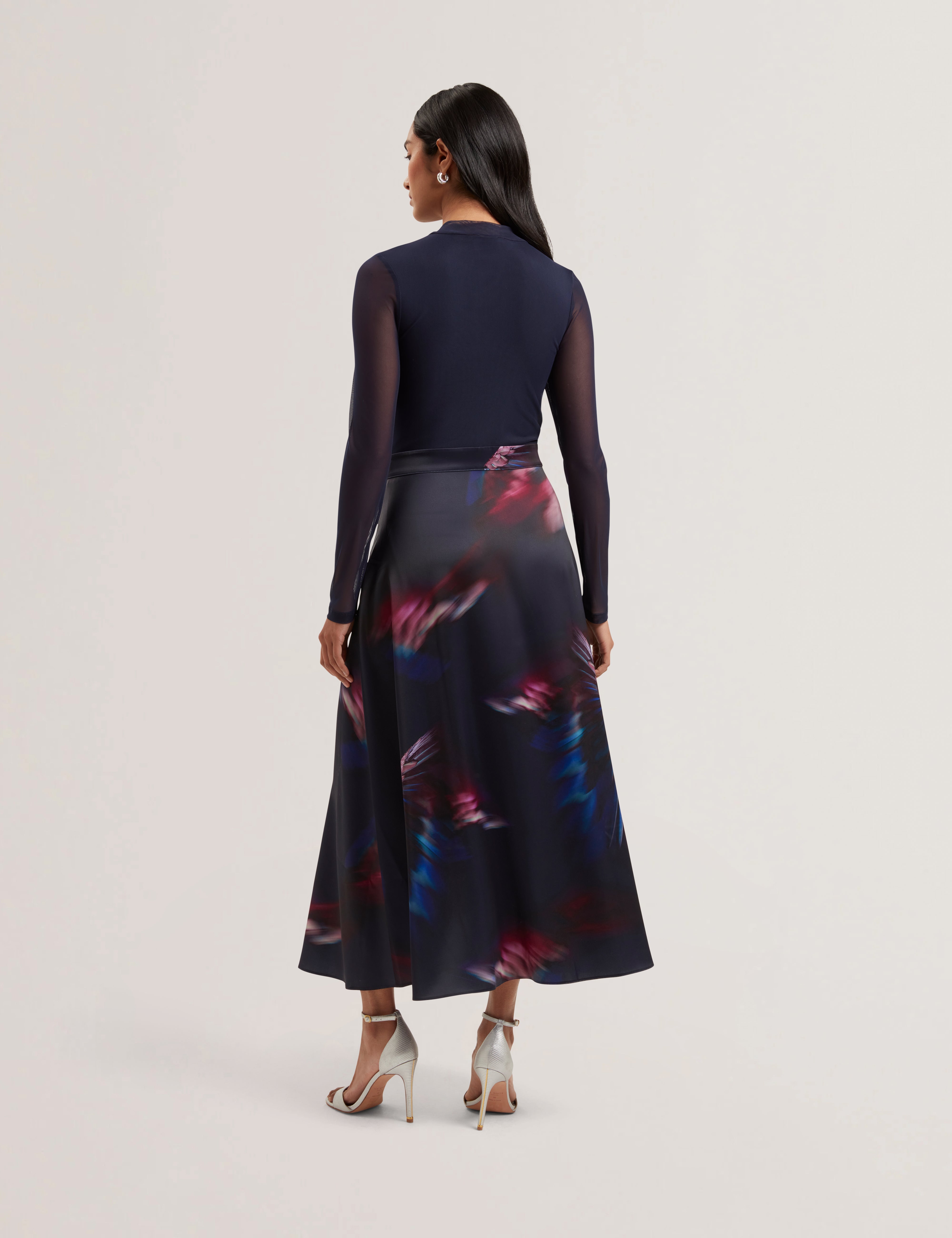 Lilabel Mesh Top Printed Skirt Midi Dress Navy