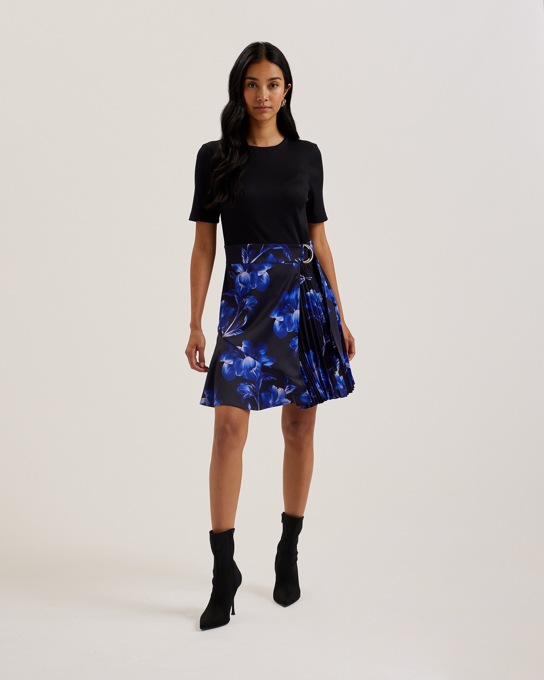 Malisaa Jersey Bodice Woven Printed Skirt Dress Navy