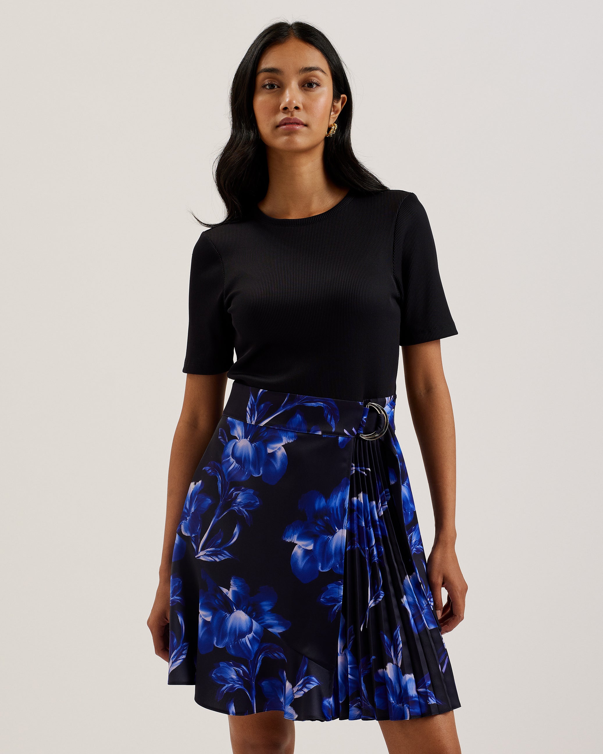 Malisaa Jersey Bodice Woven Printed Skirt Dress Navy
