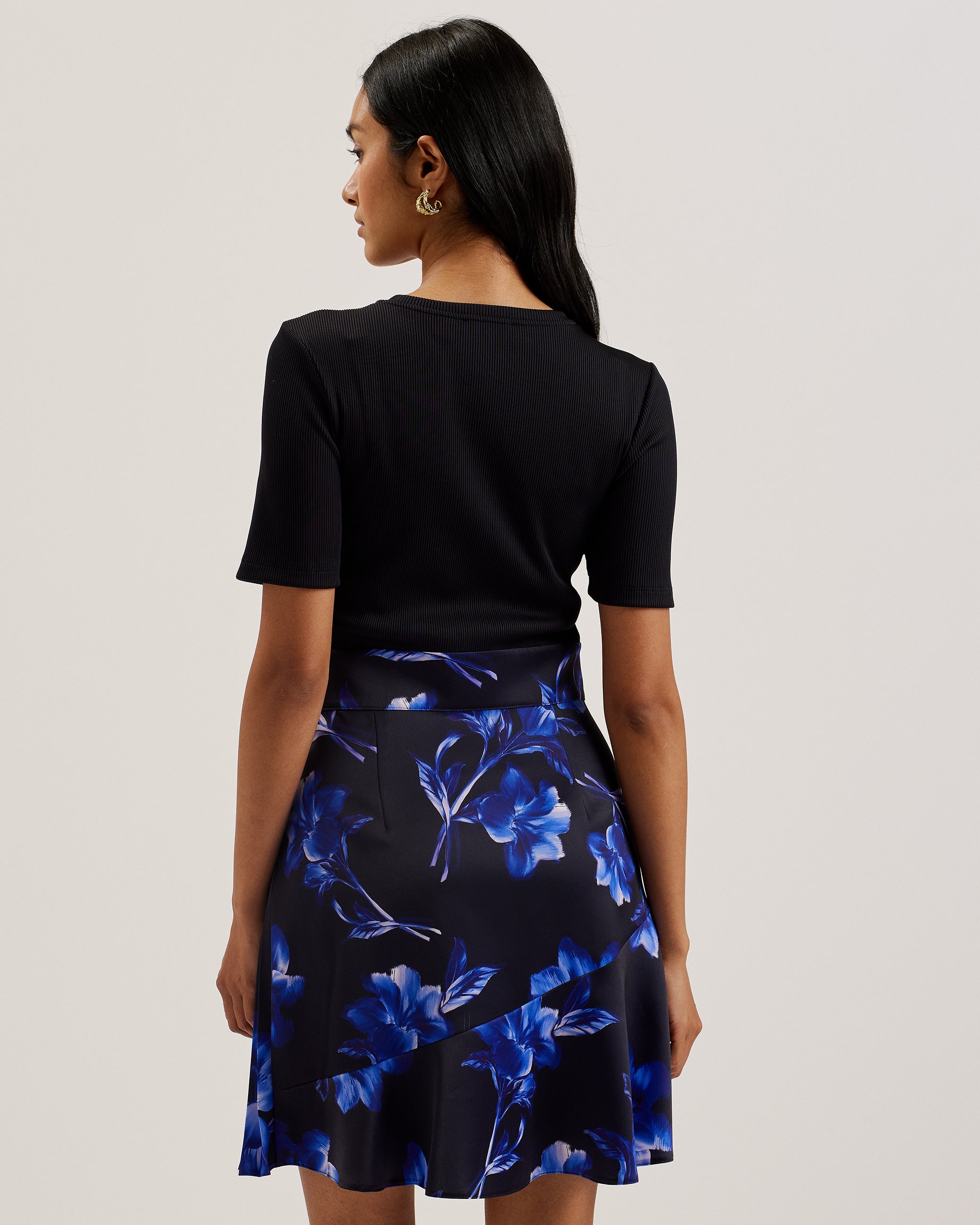 Malisaa Jersey Bodice Woven Printed Skirt Dress Navy
