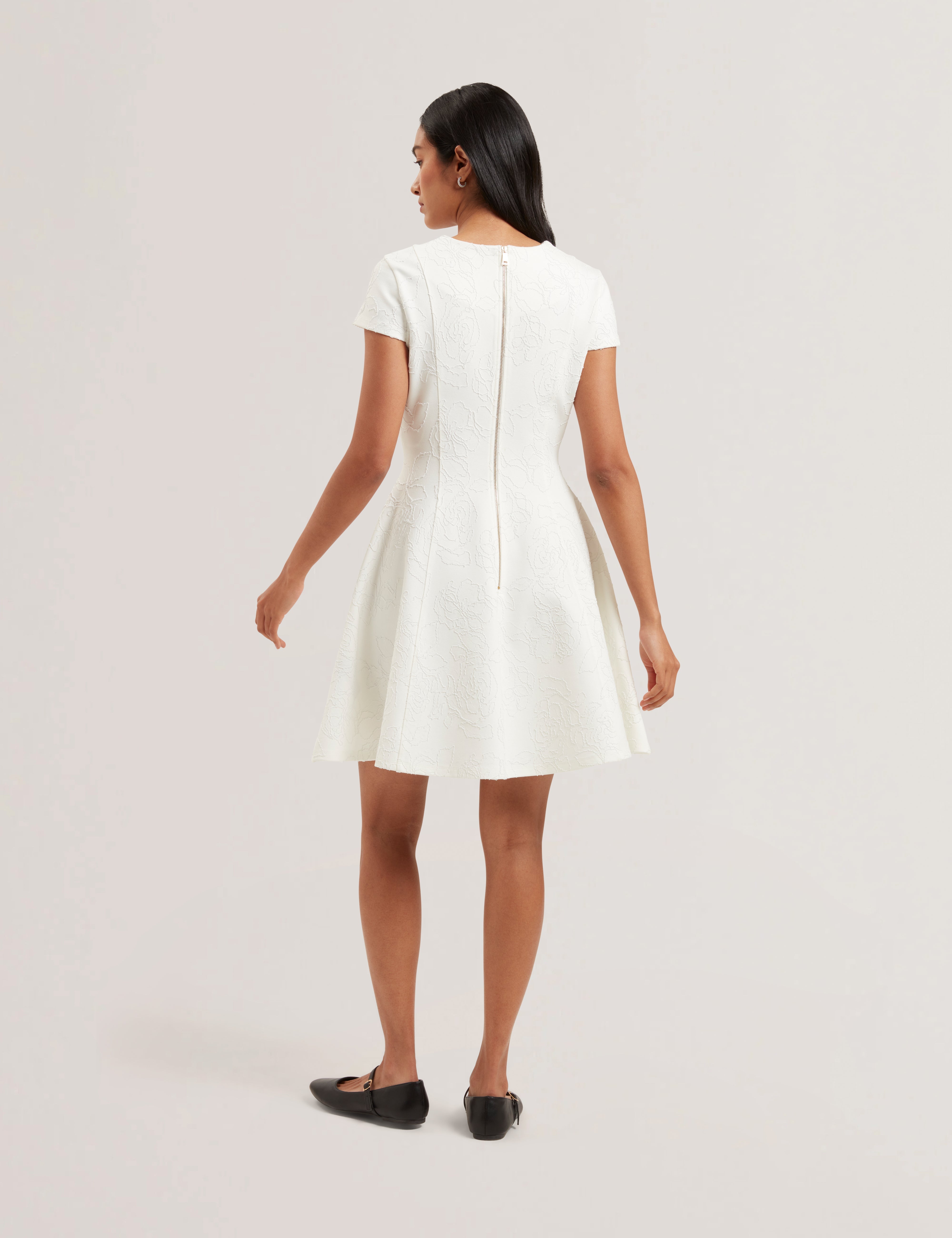 Clodaa Embroidered Ponte Mini Skater Dress Ivory