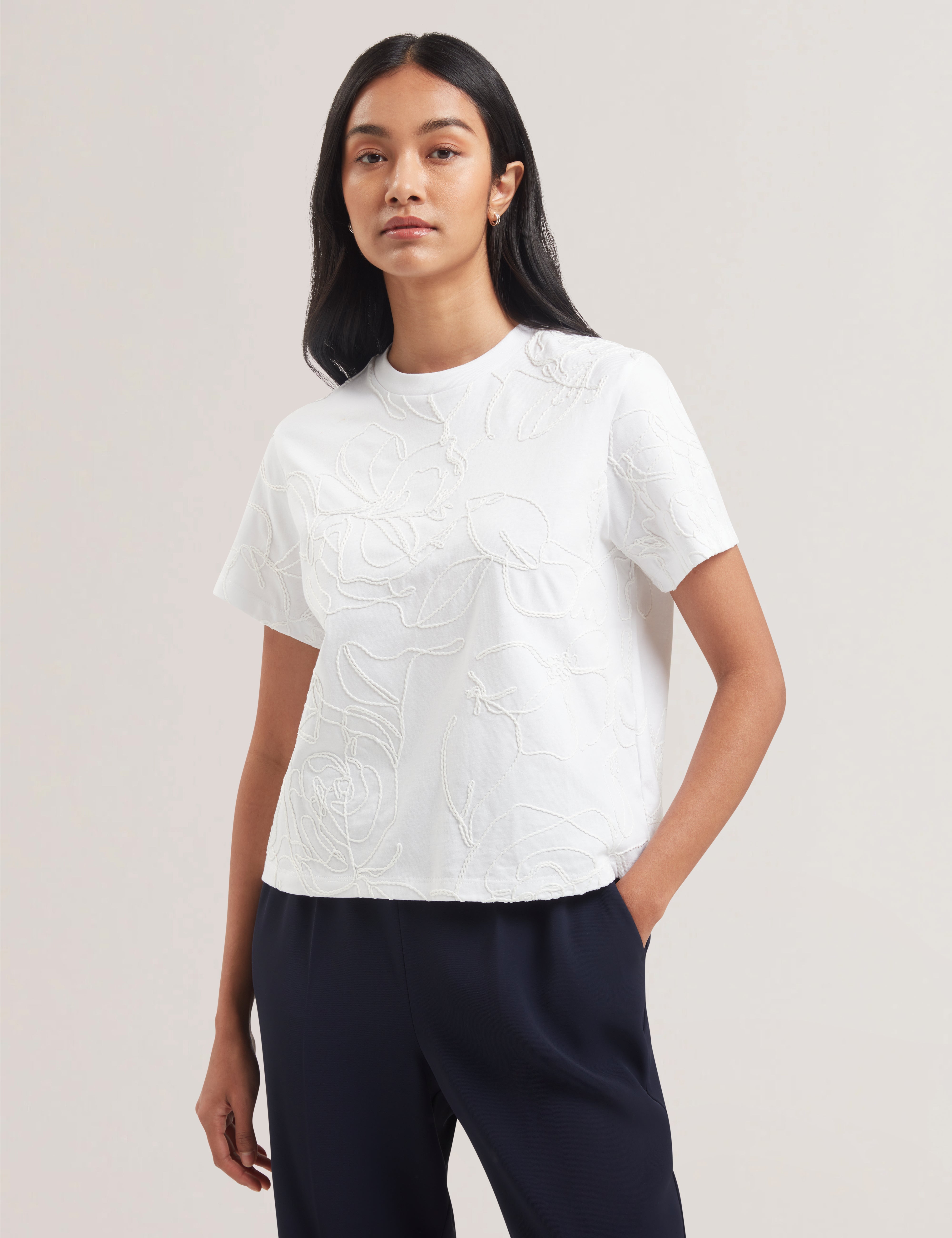 Agaly Short Sleeve All Over Embroidered Boxy Tee Ivory