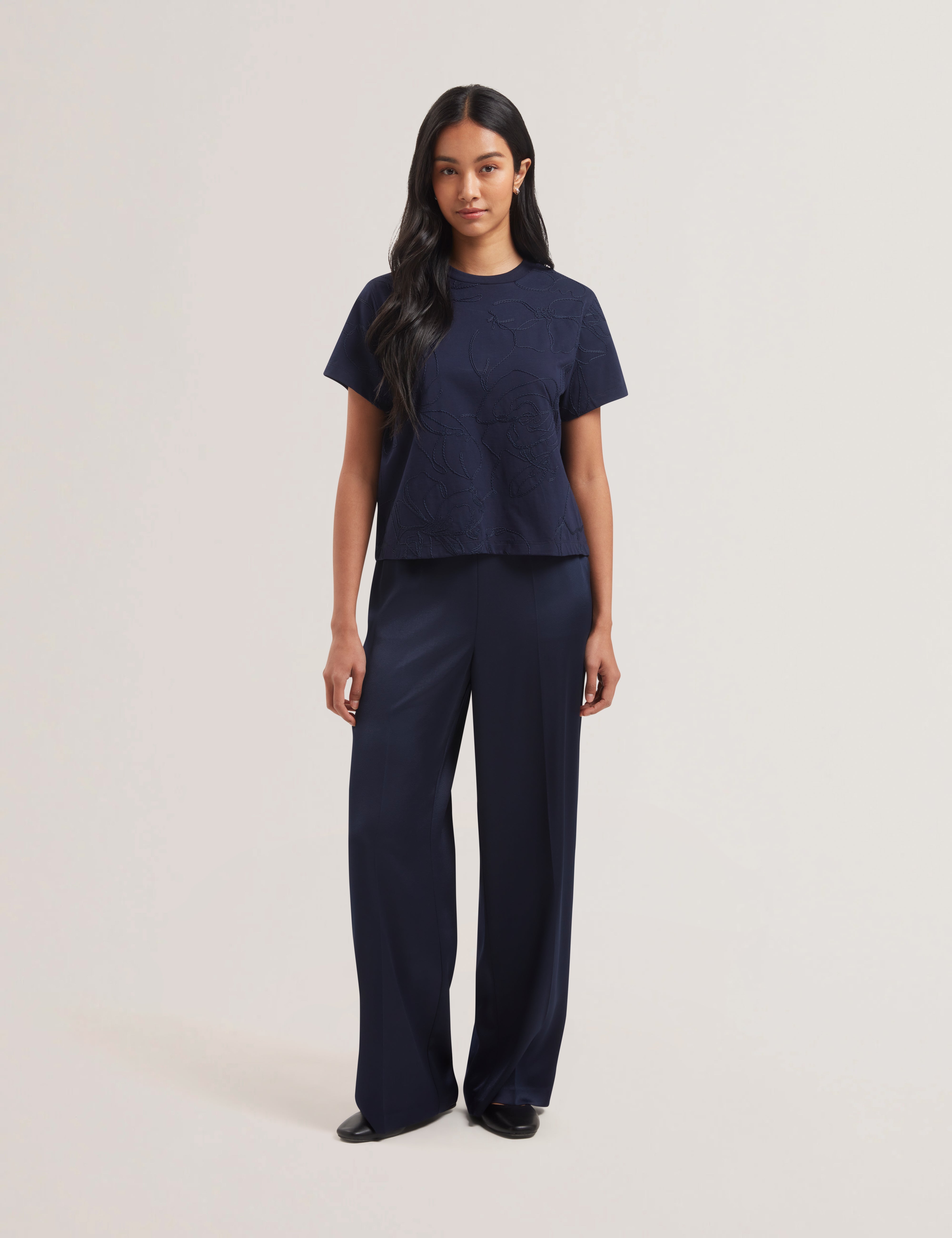Agaly Short Sleeve All Over Embroidered Boxy Tee Navy