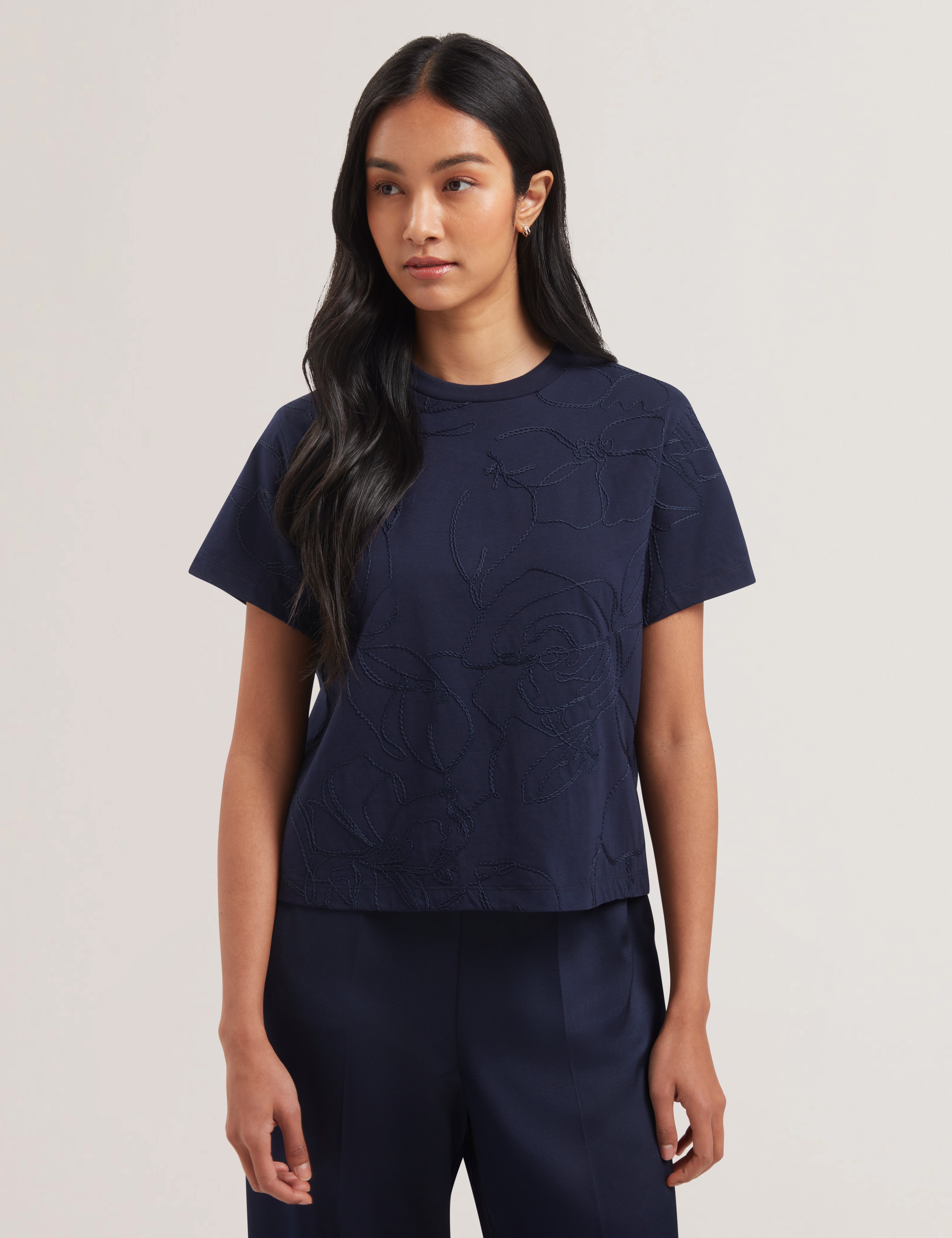 Agaly Short Sleeve All Over Embroidered Boxy Tee Navy