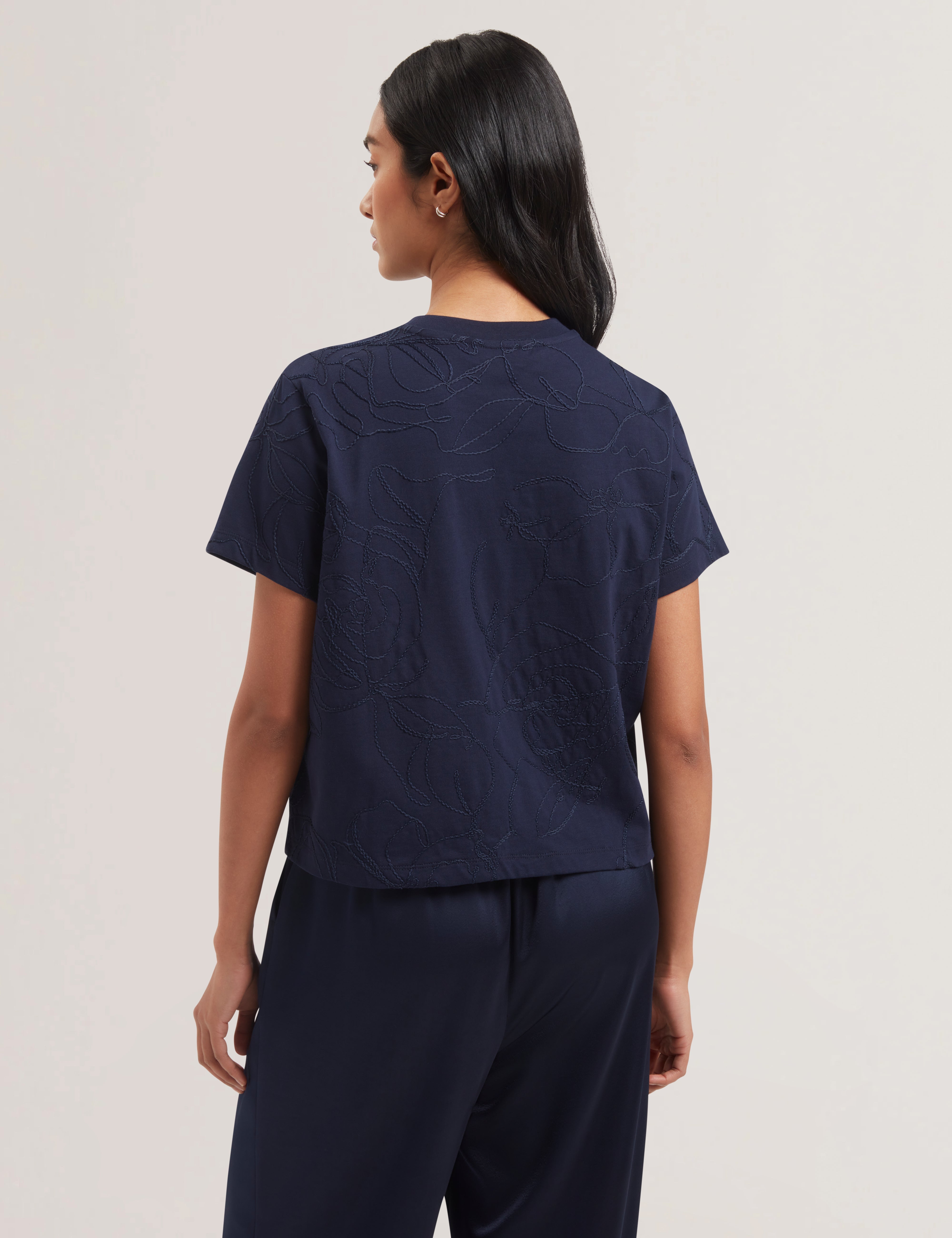 Agaly Short Sleeve All Over Embroidered Boxy Tee Navy