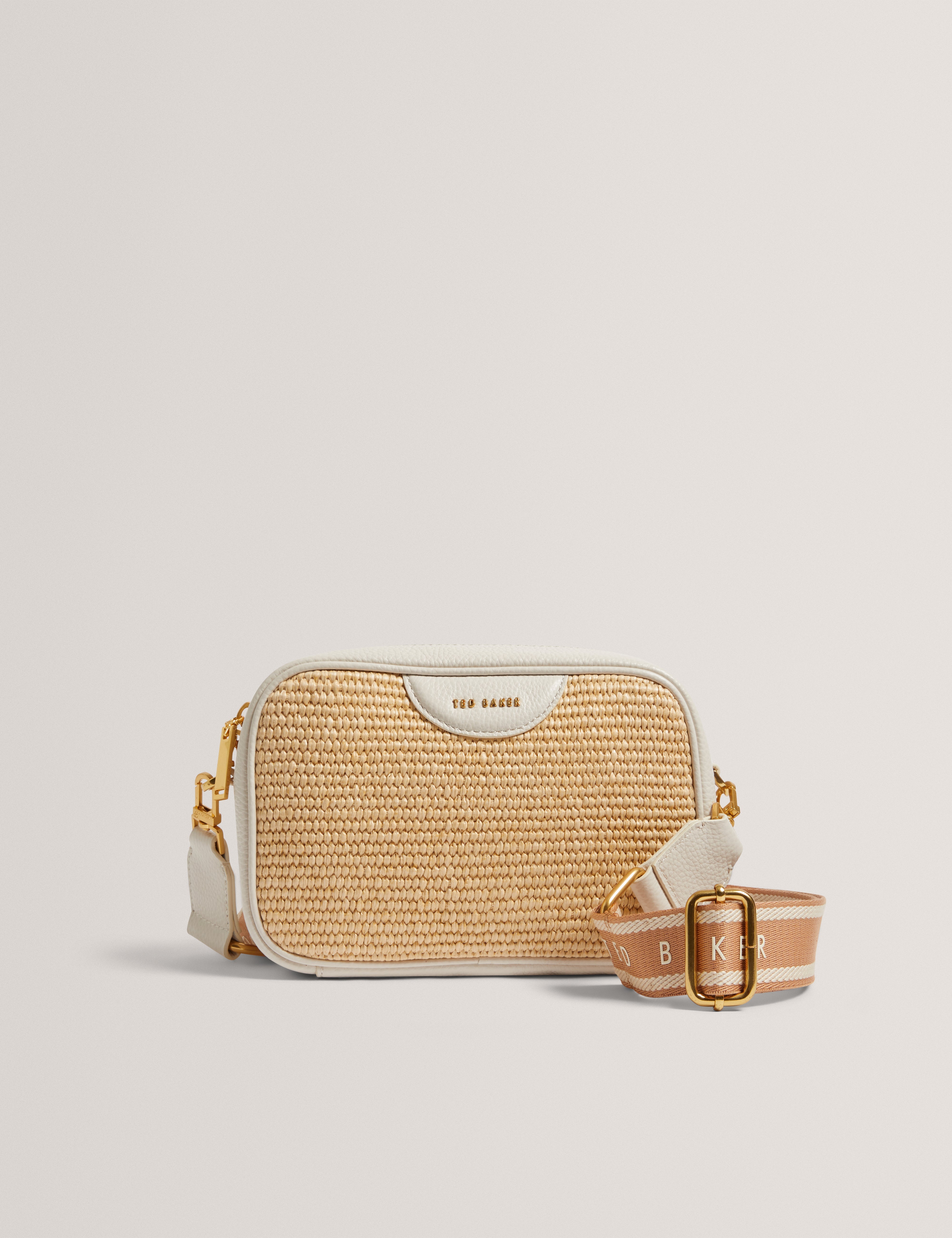 Bardas Webbing Faux Raffia Camera Crossbody Ecru