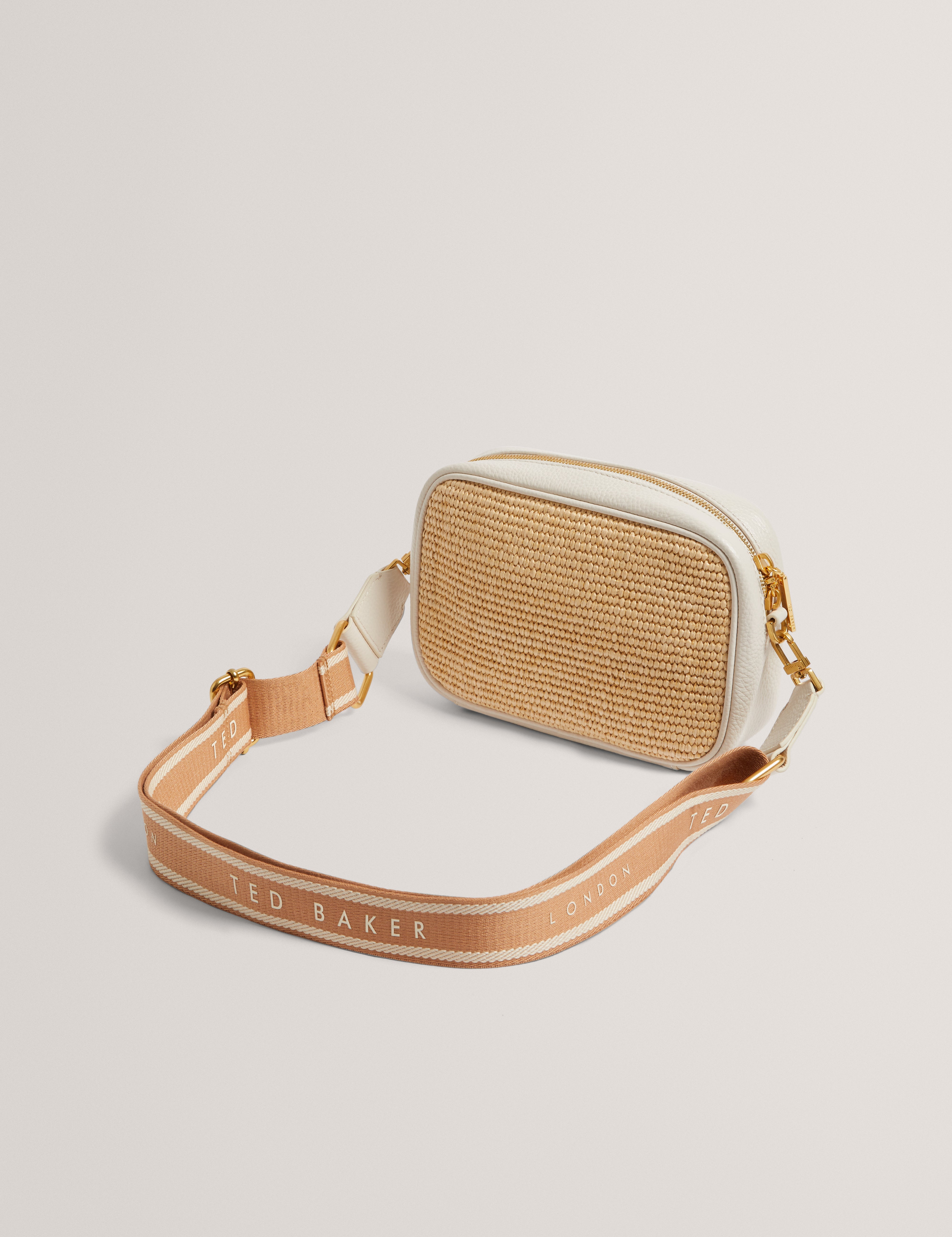 Bardas Webbing Faux Raffia Camera Crossbody Ecru