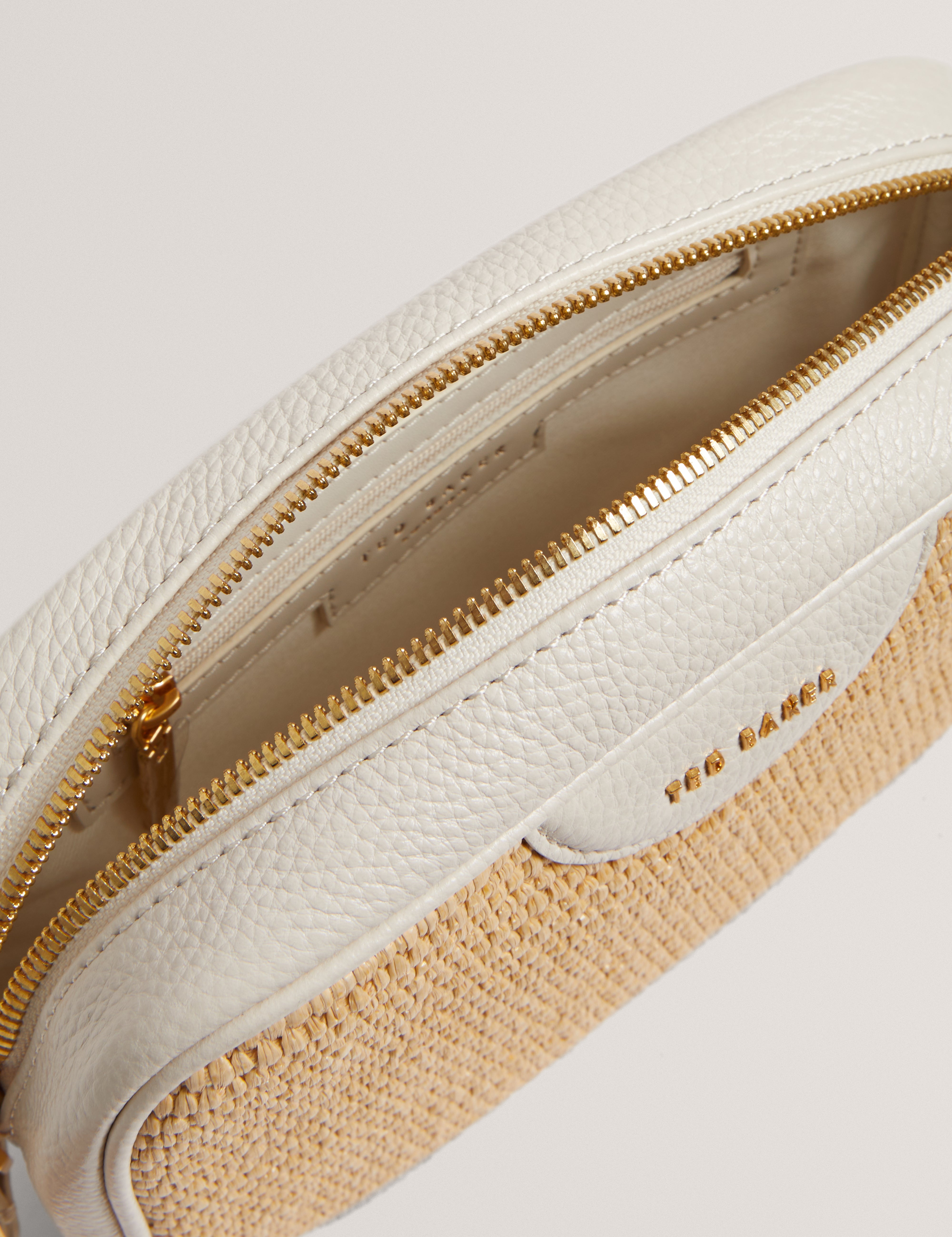 Bardas Webbing Faux Raffia Camera Crossbody Ecru