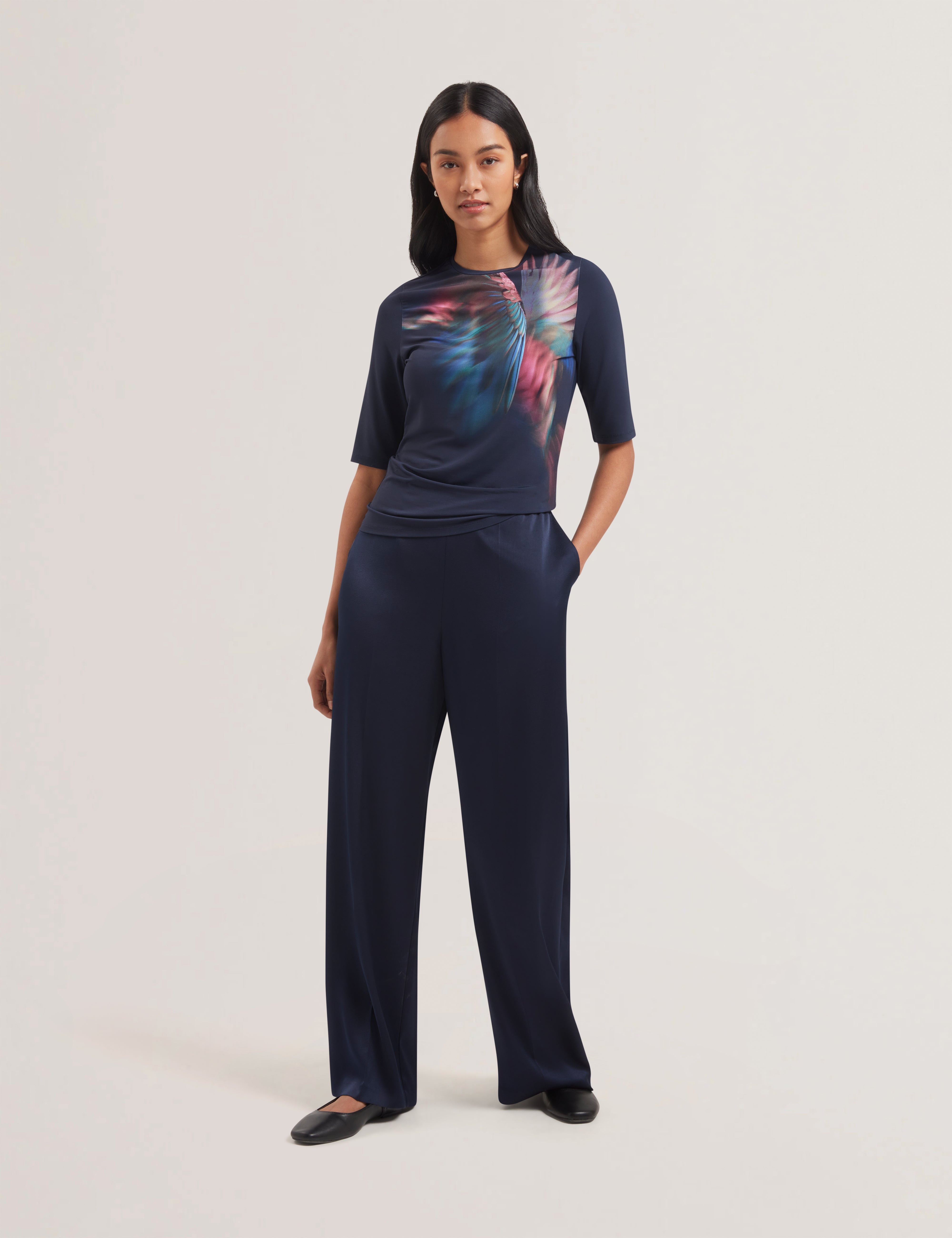 Hannaz Printed Slinky Jersey Half Sleeve Top Navy