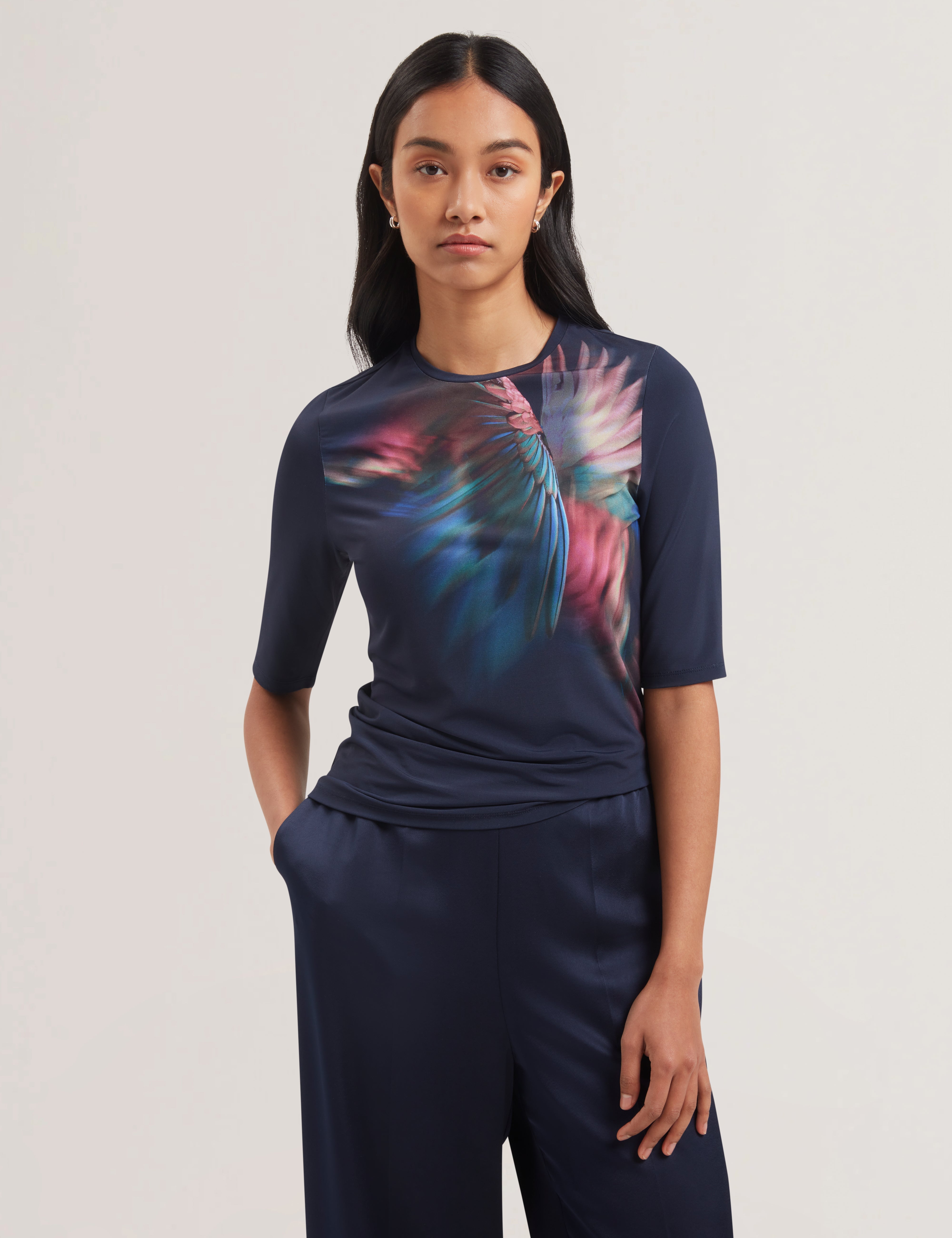 Hannaz Printed Slinky Jersey Half Sleeve Top Navy