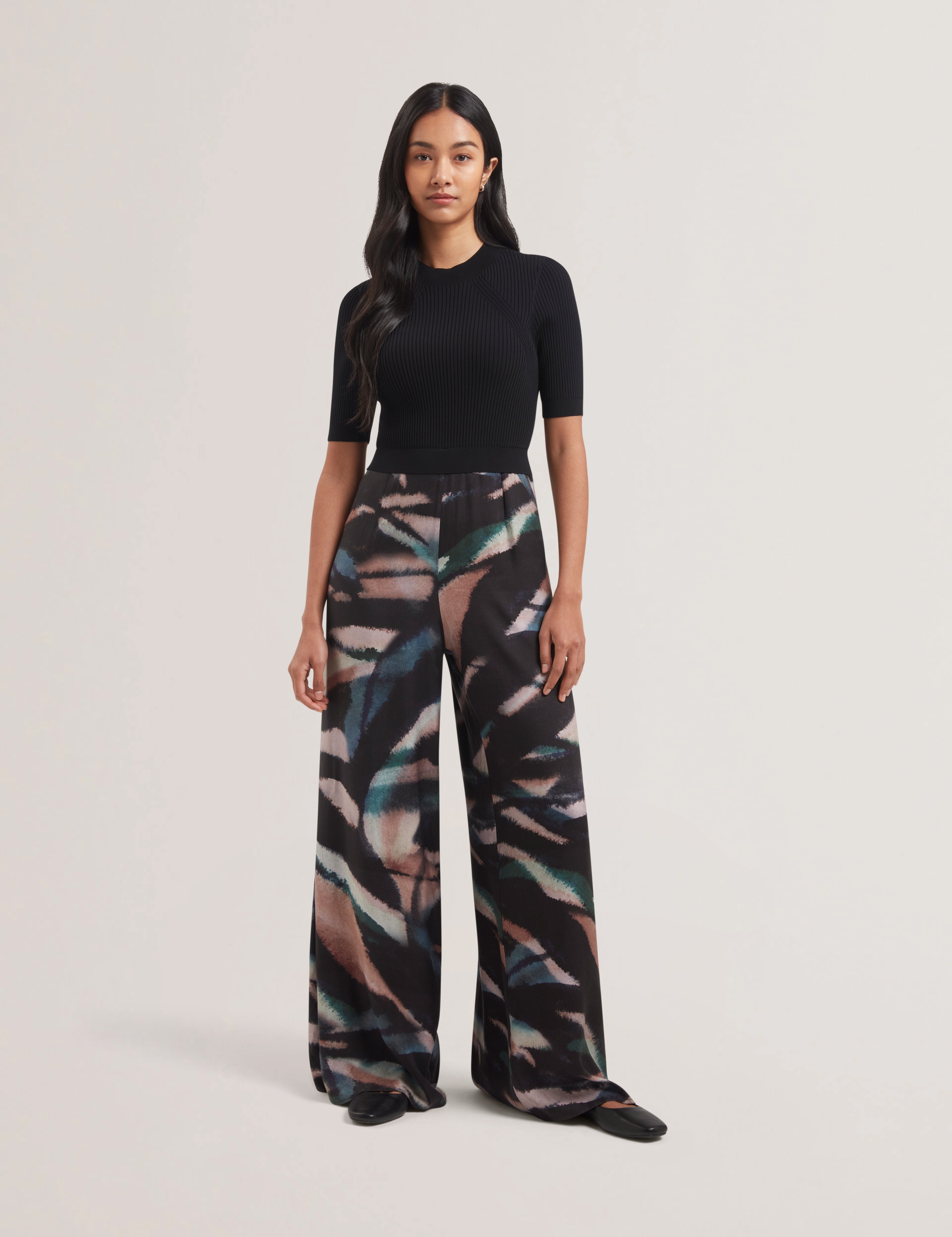 Georie Knit Bodice Printed Leg Jumpsuit Black
